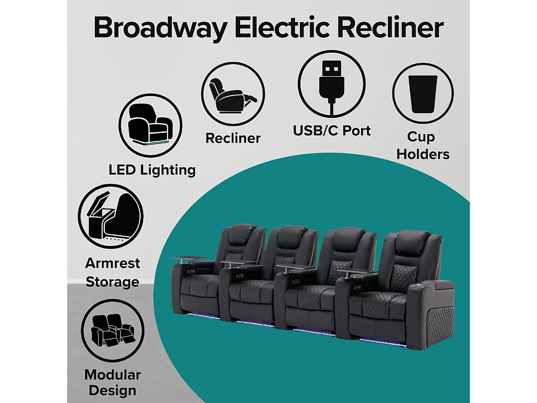 Broadway 4 Seater Cinema Electric Recliner Chair USB LED Base w Tray