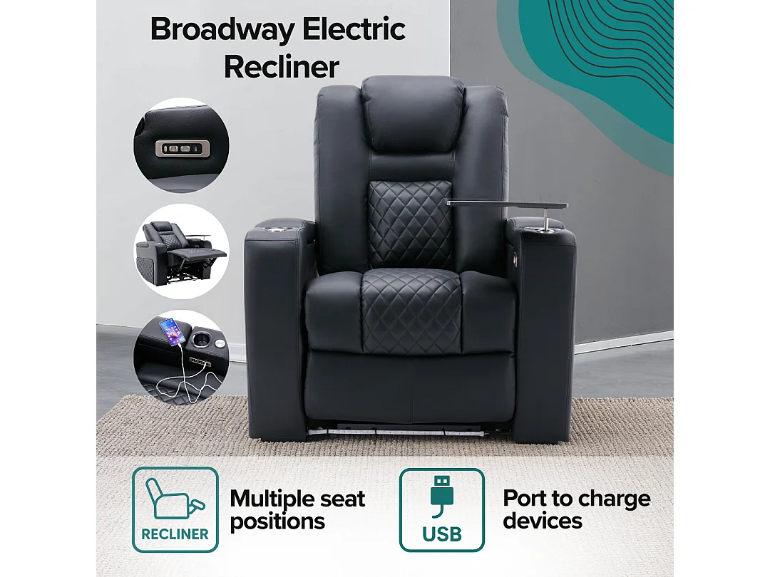 Broadway 4 Seater Cinema Electric Recliner Chair USB LED Base w Tray