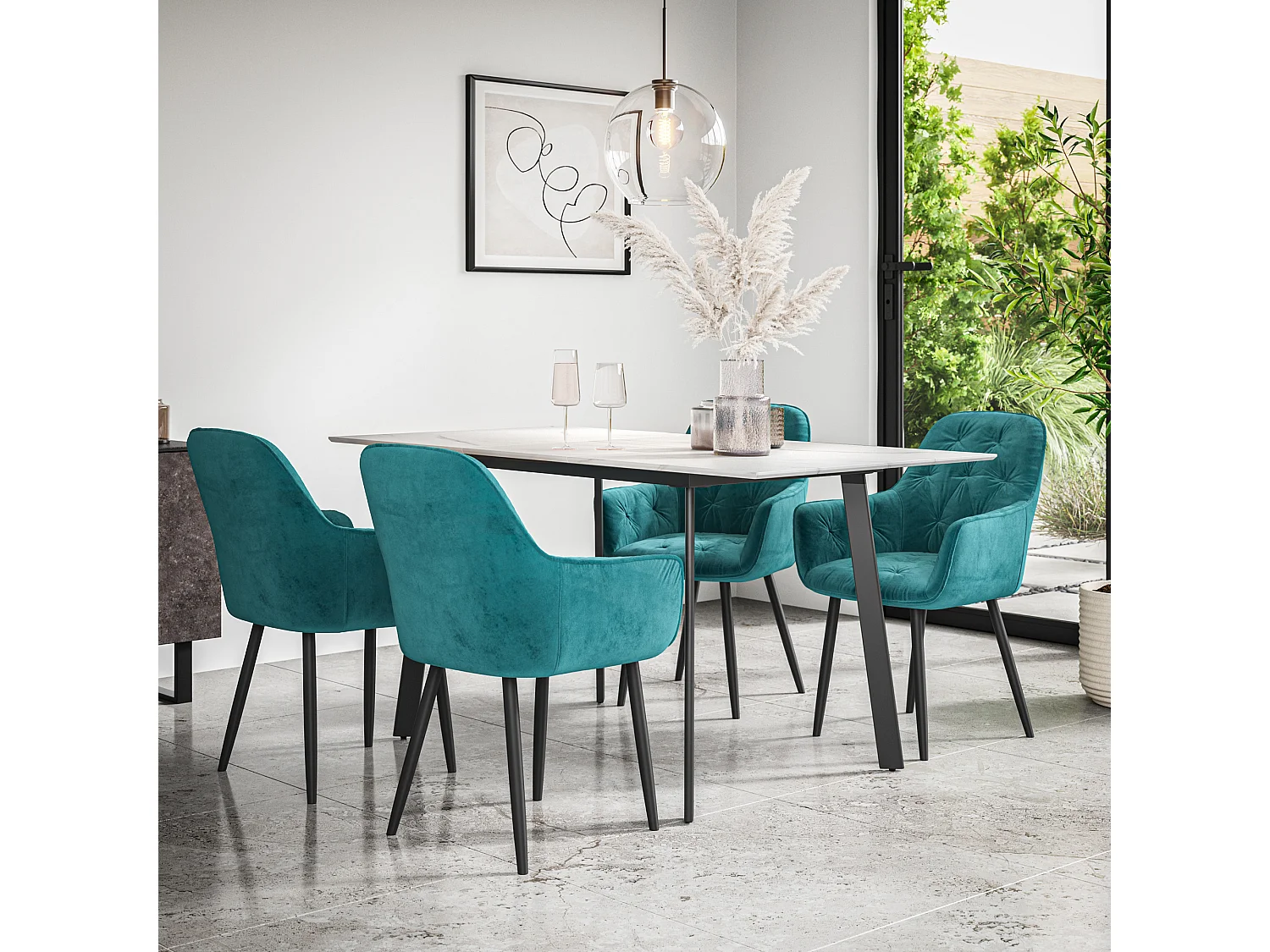 Haydon Extending Dining Table And Chairs- White Marble Effect Table Top w Black Legs + Anika Velvet  Dining Chair  Set Of 4