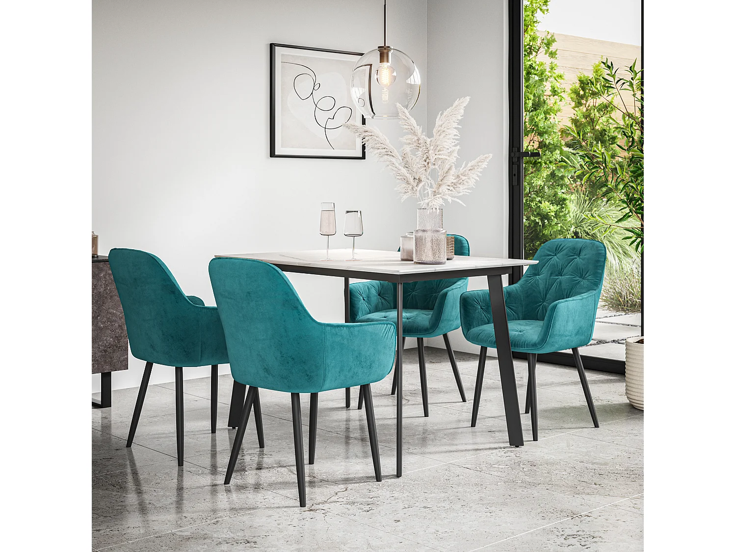 Haydon Extending Dining Table And Chairs- White Marble Effect Table Top w Black Legs + Anika Velvet  Dining Chair  Set Of 4