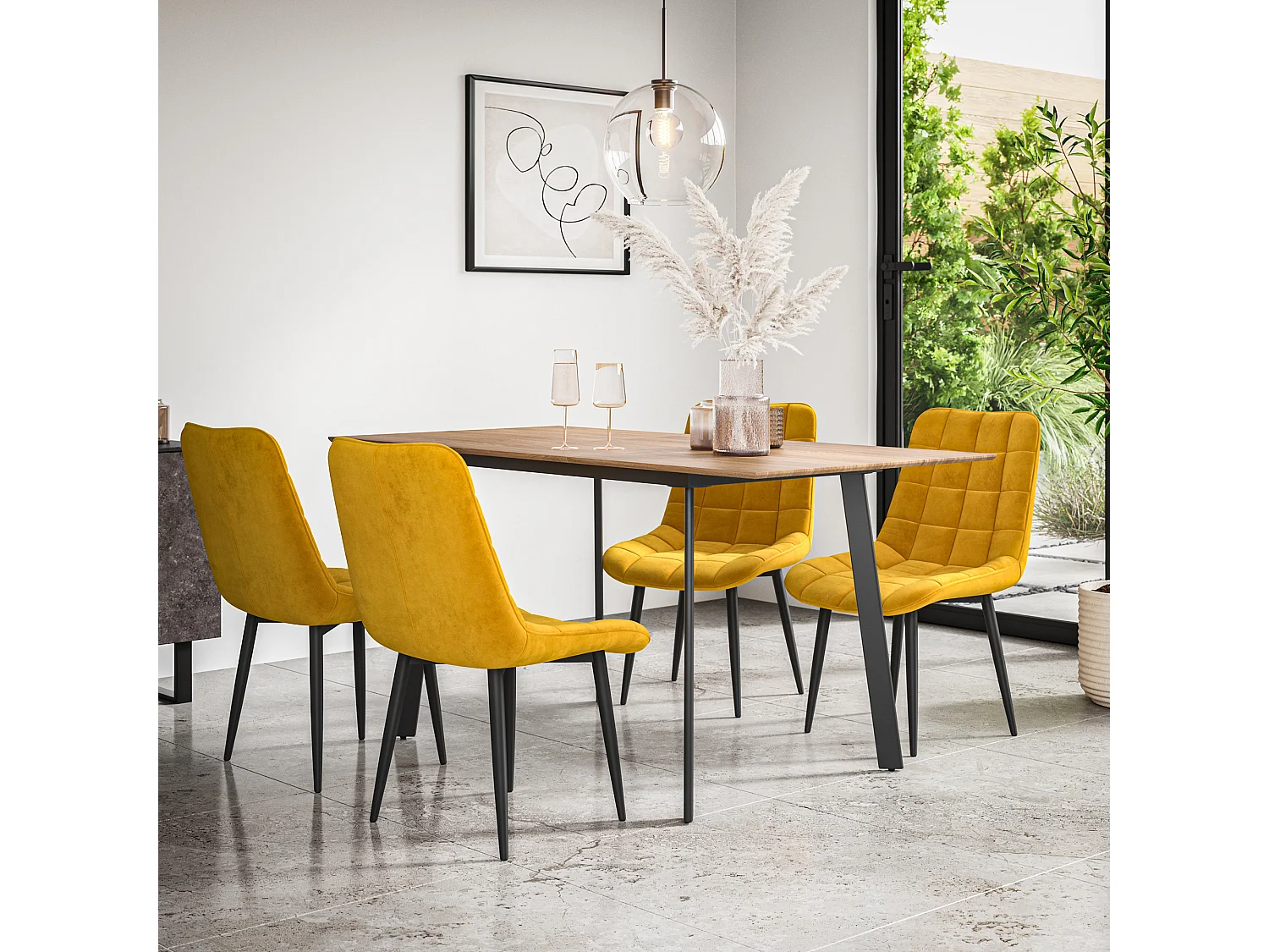 Haydon Extending Dining Table And Chairs- Oak Effect Table Top w Black Legs + Nova Velvet  Dining Chair  Set Of 4
