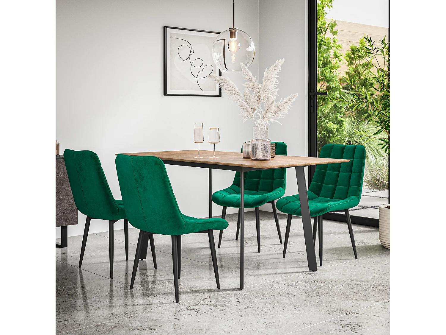 Haydon Extending Dining Table And Chairs- Oak Effect Table Top w Black Legs + Nova Velvet  Dining Chair  Set Of 6