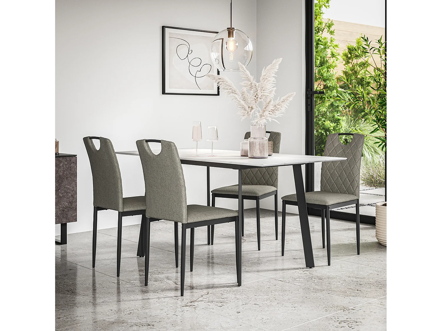 Haydon Extending Dining Table And Chairs- White Marble Effect Table Top w Black Legs + Monza Linen Dining Chair Set Of 6