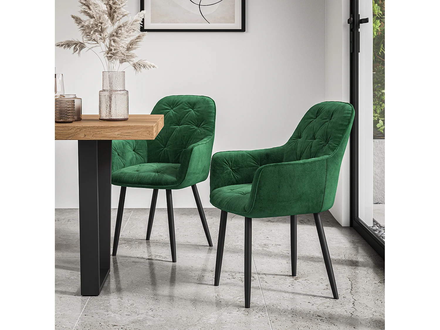 Haydon Extending Dining Table And Chairs -  Oak Effect Table Top w Black Legs + Anika Velvet Dining Chair Set Of 4