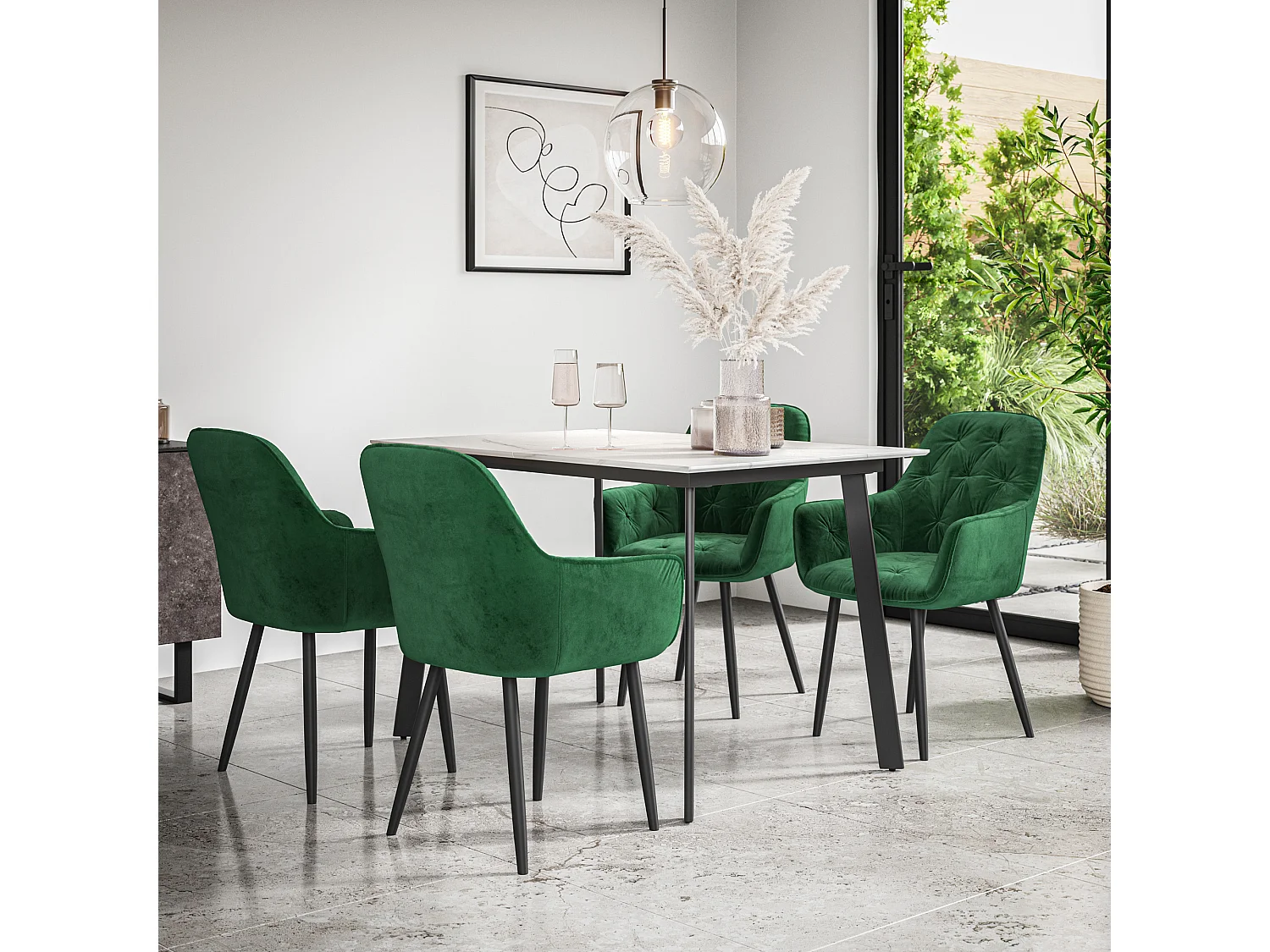 Haydon Extending Dining Table And Chairs- White Marble Effect Table Top w Black Legs + Anika Velvet  Dining Chair  Set Of 6