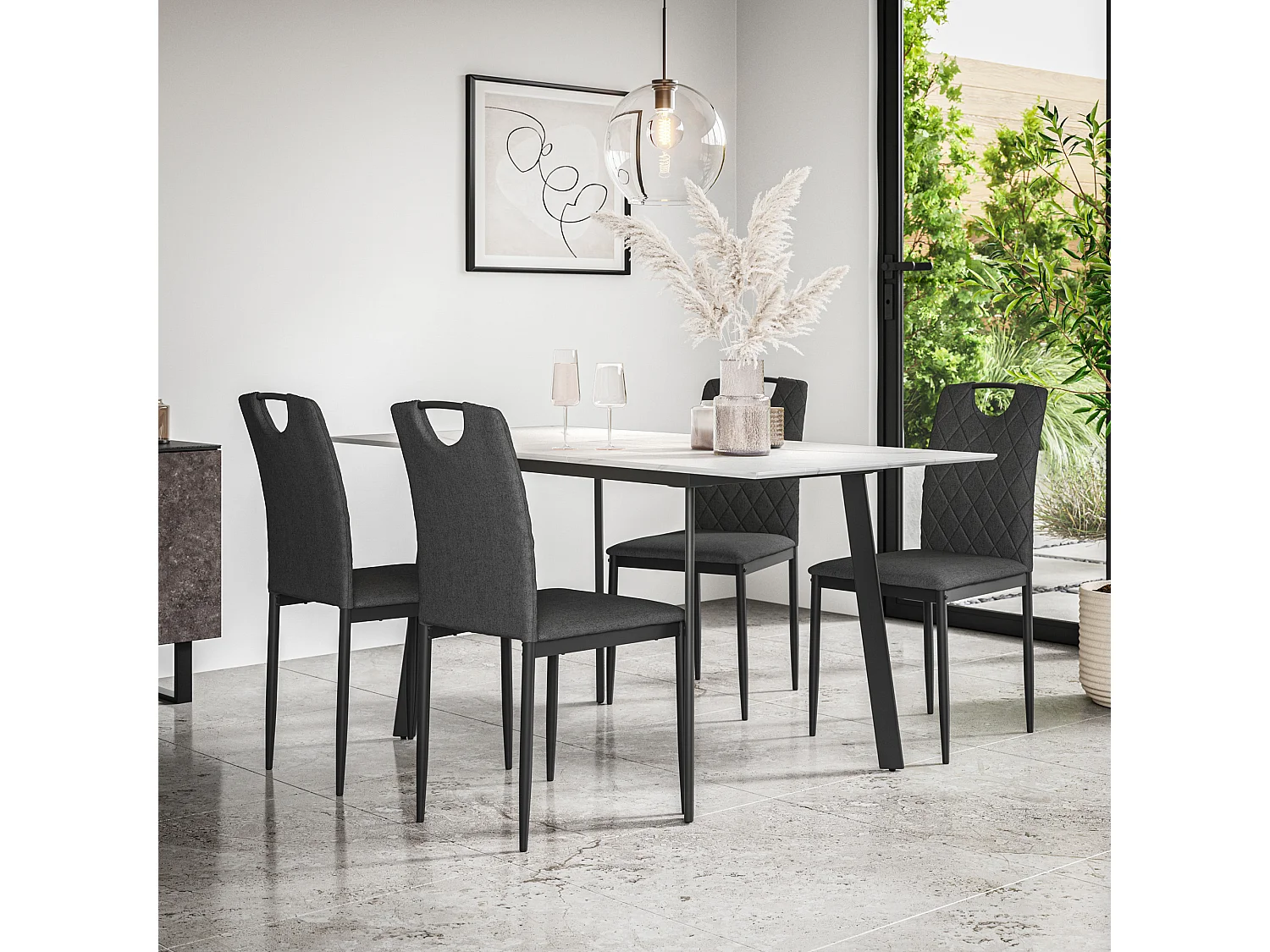 Haydon Extending Dining Table And Chairs- White Marble Effect Table Top w Black Legs + Monza Linen Dining Chair  Set Of 6