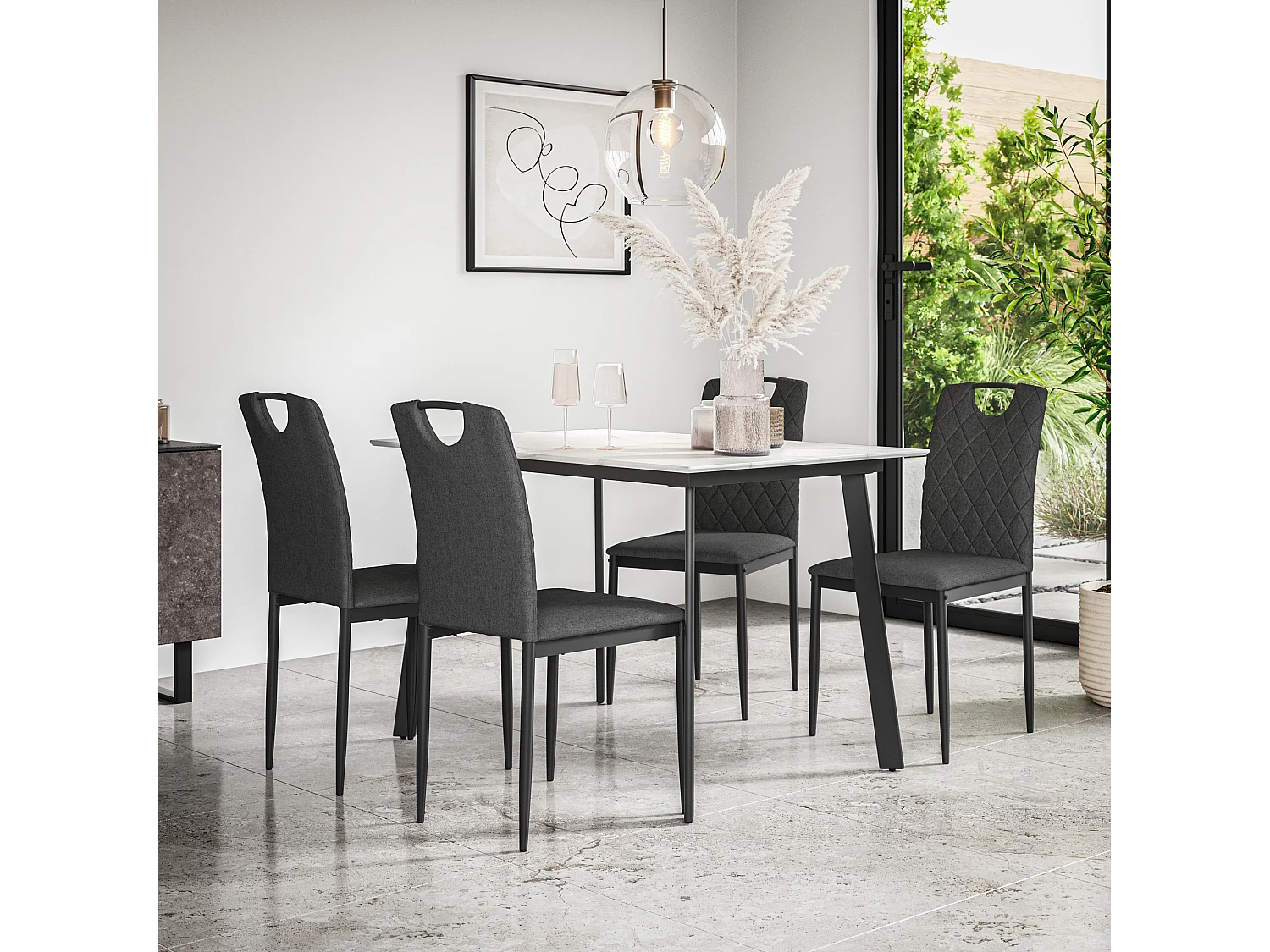 Haydon Extending Dining Table And Chairs- White Marble Effect Table Top w Black Legs + Monza Linen Dining Chair  Set Of 6