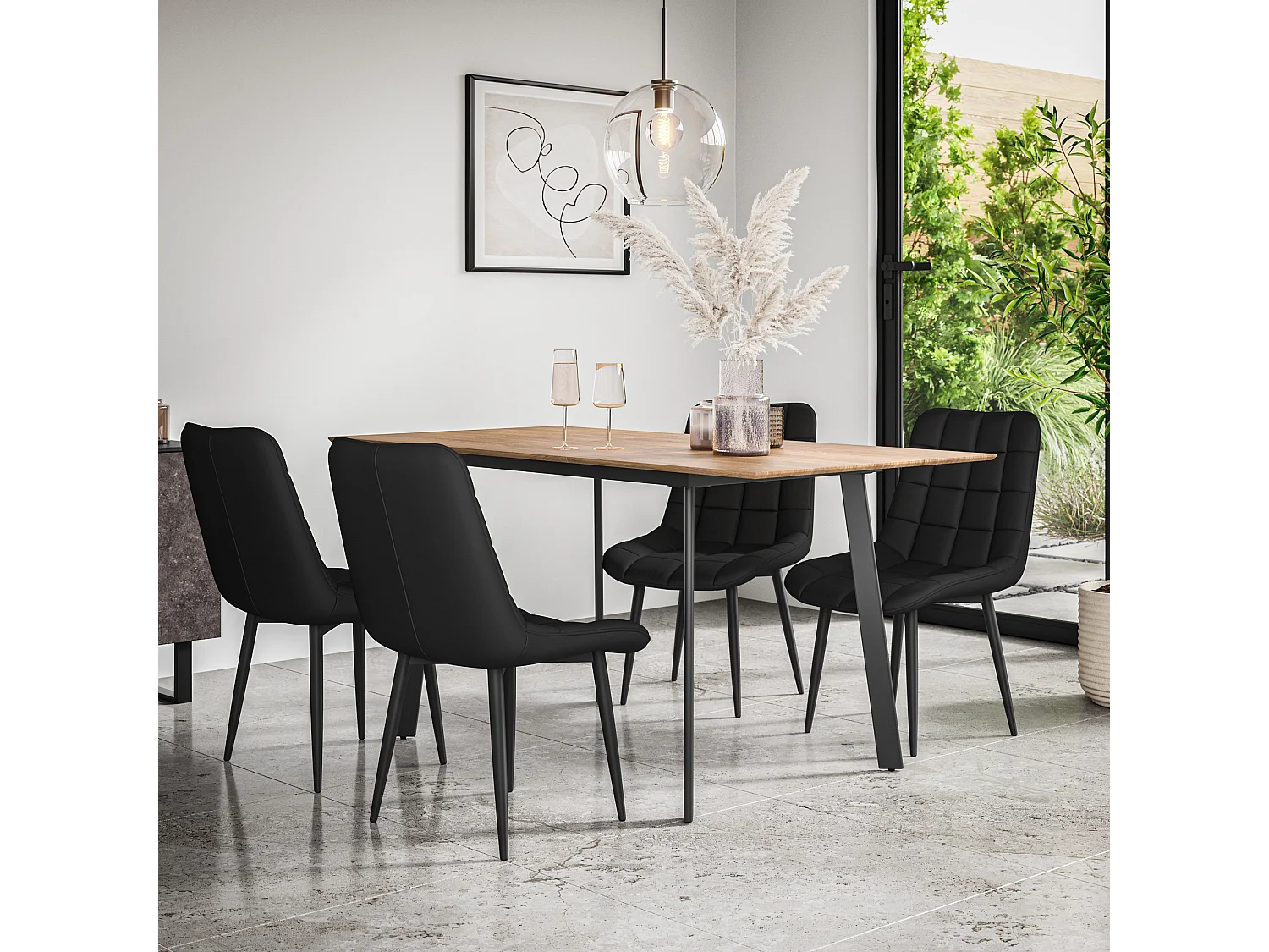 Haydon Extending Dining Table And Chairs- Oak Effect Table Top w Black Legs + Nova Faux Leather  Dining Chair  Set Of 6