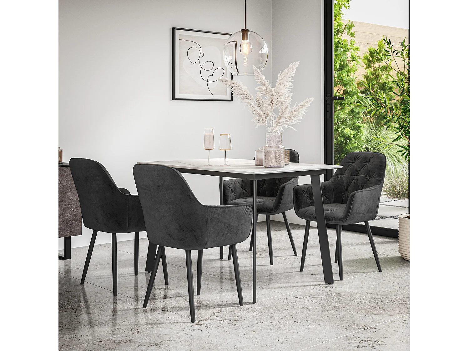 Haydon Extending Dining Table And Chairs- White Marble Effect Table Top w Black Legs + Anika Velvet  Dining Chair   Set Of 6