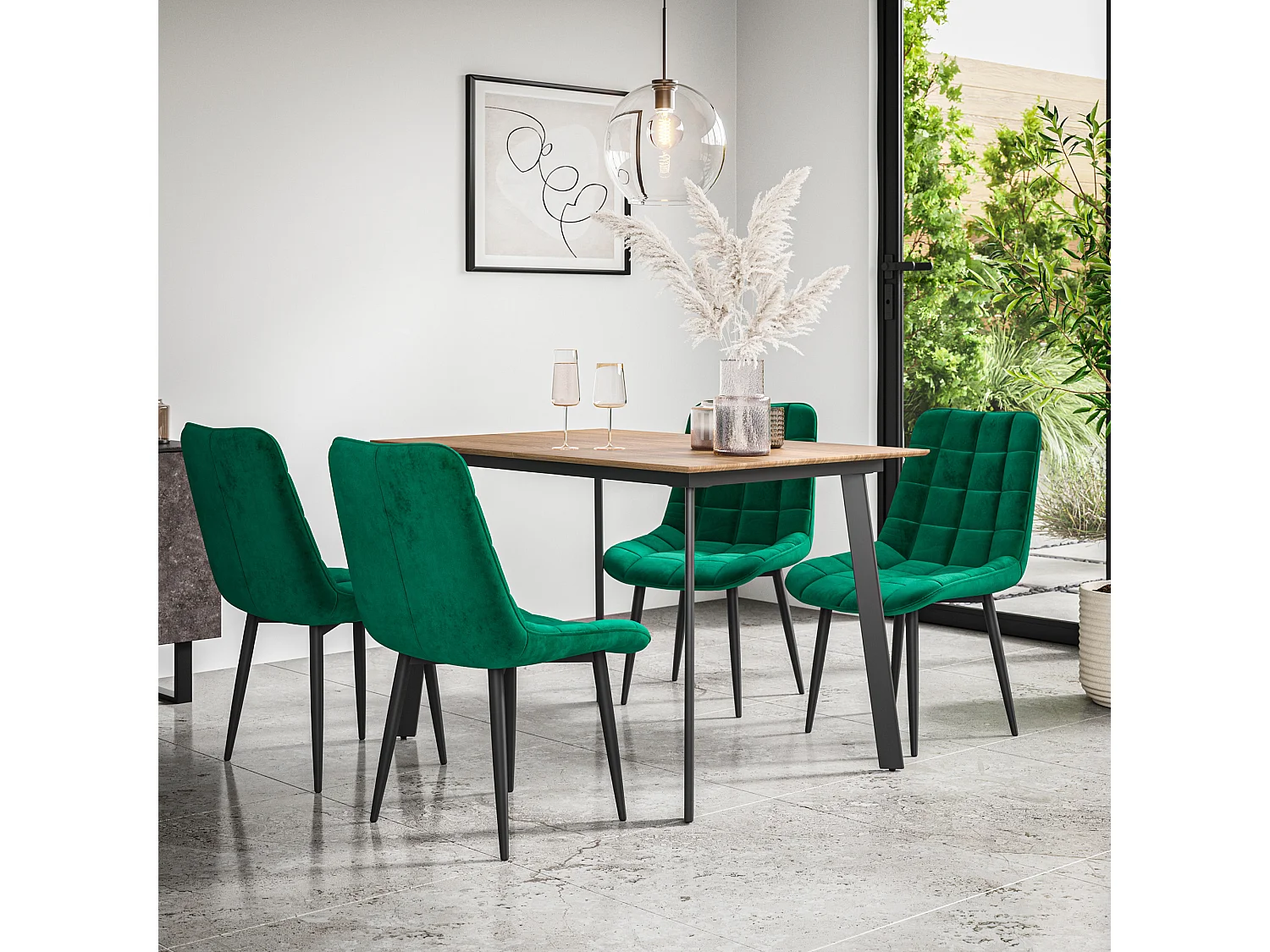Haydon Extending Dining Table And Chairs- Oak Effect Table Top w Black Legs + Nova Velvet  Dining Chair  Set Of 4