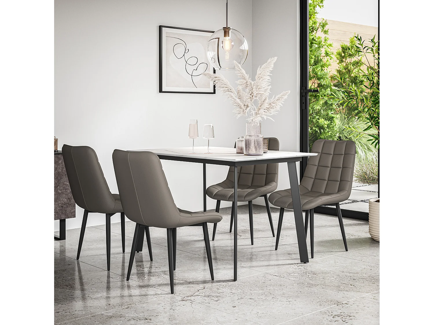Haydon Extending Dining Table And Chairs- White Marble Effect Table Top w Black Legs + Nova Faux Leather  Dining Chair  Set Of 6