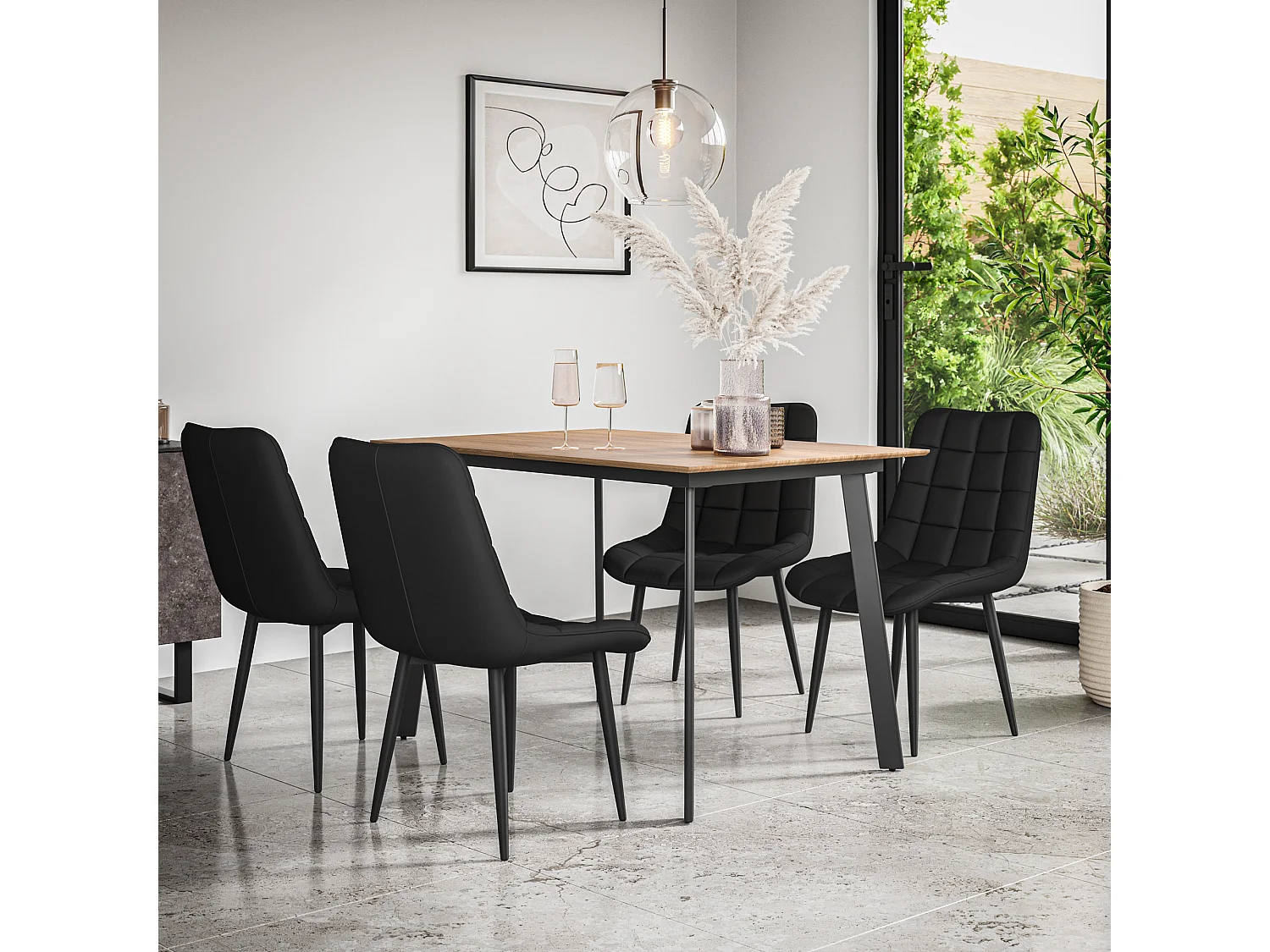 Haydon Extending Dining Table And Chairs- Oak Effect Table Top w Black Legs + Nova Faux Leather  Dining Chair Set Of 4