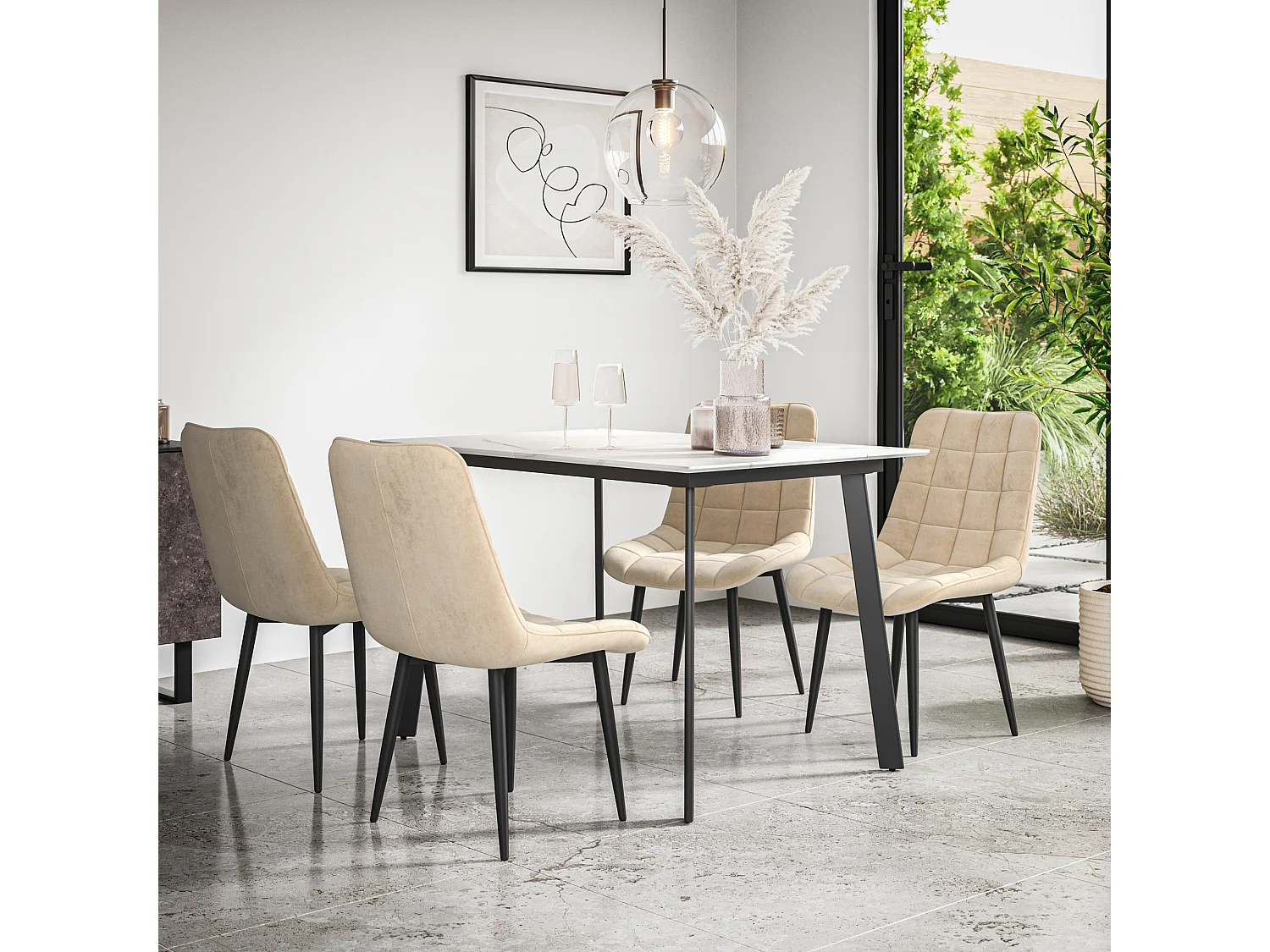Haydon Extending Dining Table And Chairs- White Marble Effect Table Top w Black Legs + Nova Velvet  Dining Chair  Set Of 6