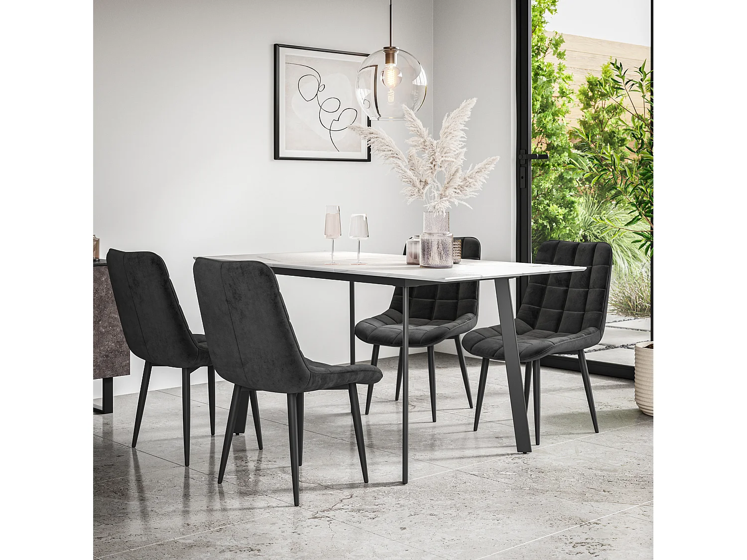 Haydon Extending Dining Table And Chairs- White Marble Effect Table Top w Black Legs + Nova Velvet  Dining Chair Set Of 4