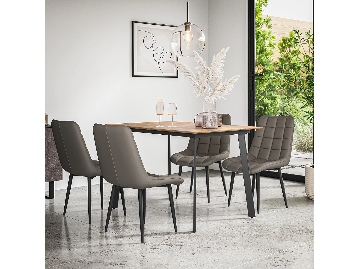 Haydon Extending Dining Table And Chairs- Oak Effect Table Top w Black Legs + Nova Faux Leather  Dining Chair  Set Of 6