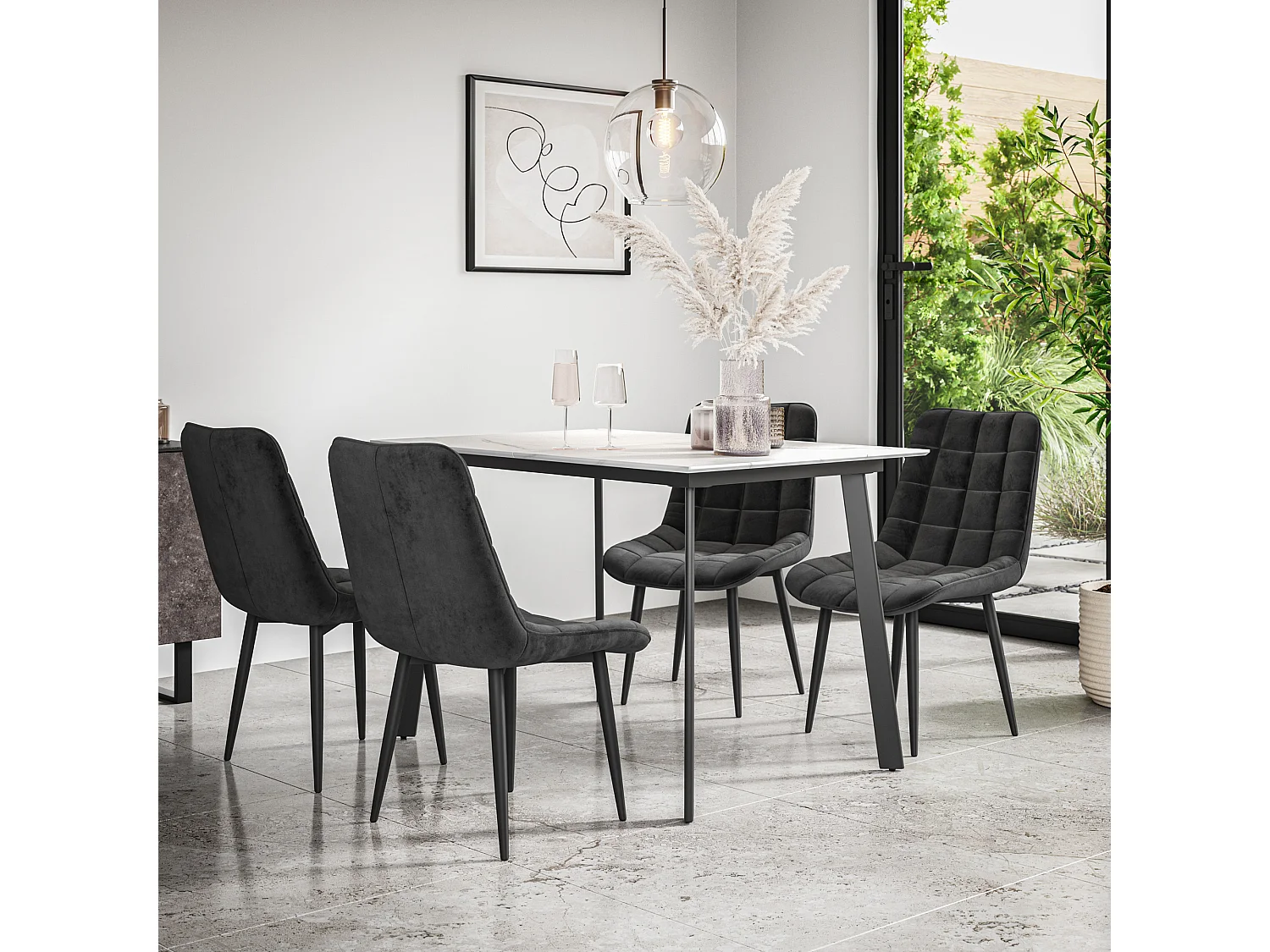 Haydon Extending Dining Table And Chairs- White Marble Effect Table Top w Black Legs + Nova Velvet  Dining Chair Set Of 6
