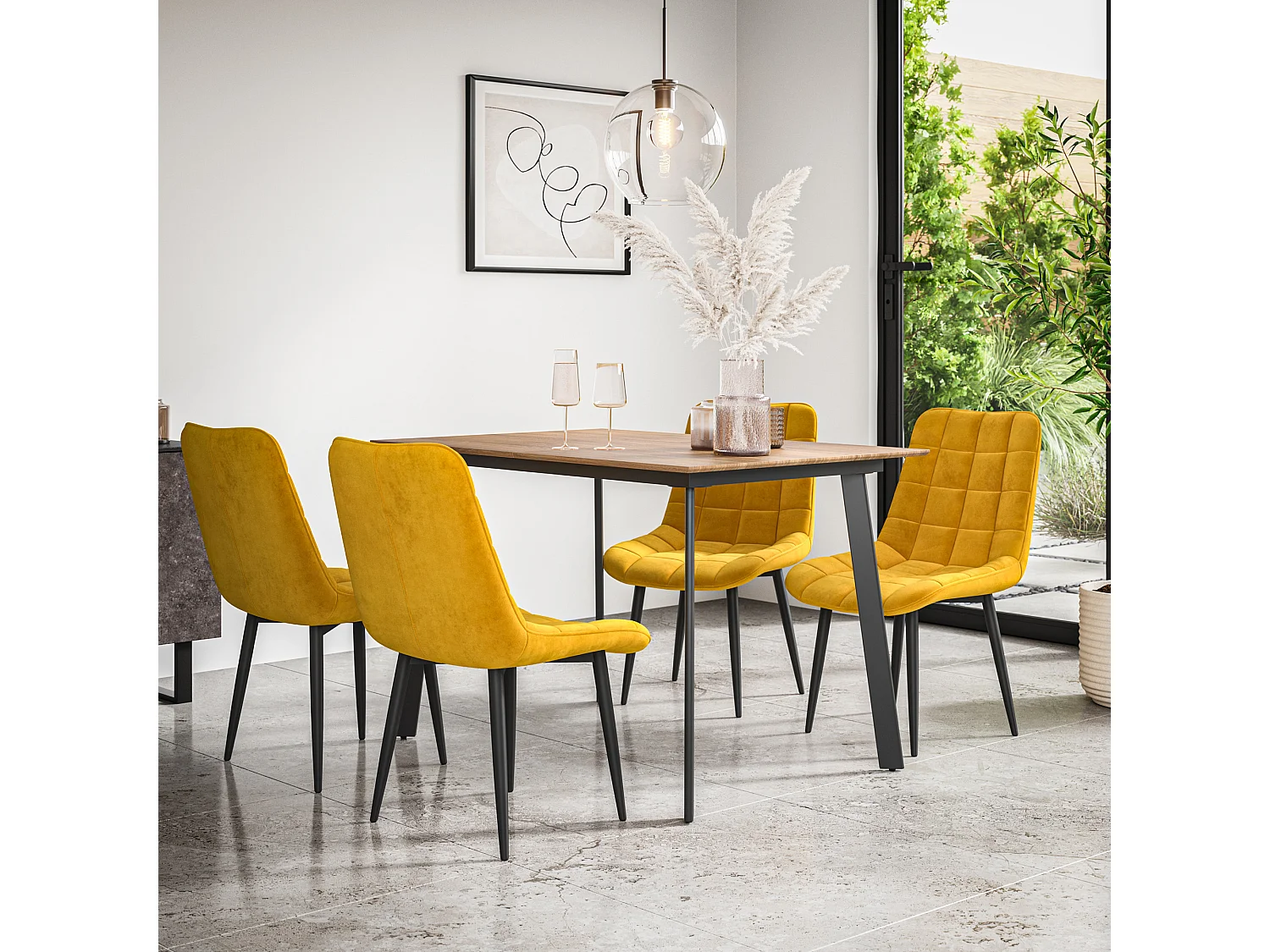 Haydon Extending Dining Table And Chairs- Oak Effect Table Top w Black Legs + Nova Velvet  Dining Chair  Set Of 6