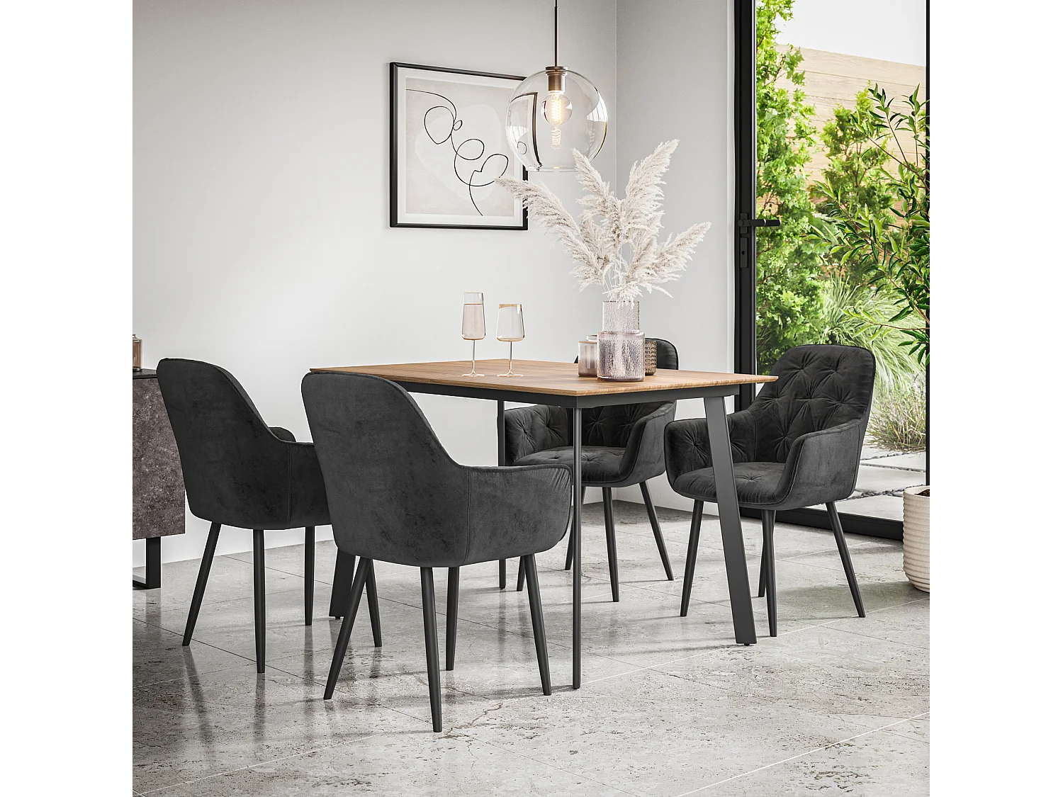 Haydon Extending Dining Table And Chairs -  Oak Effect Table Top w Black Legs + Anika Velvet Dining Chair Set Of 4