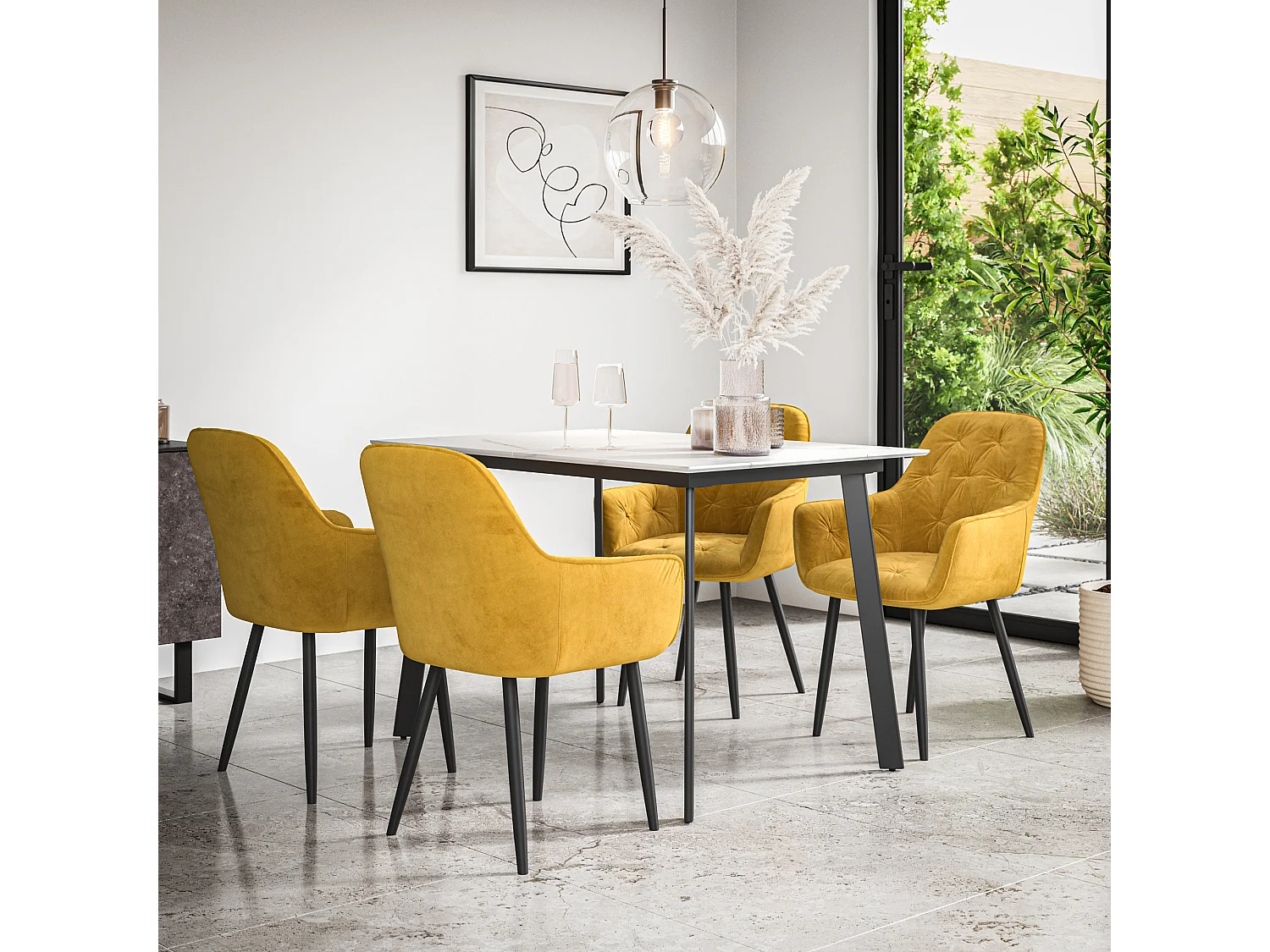 Haydon Extending Dining Table And Chairs- White Marble Effect Table Top w Black Legs + Anika Velvet  Dining Chair  Set Of 6