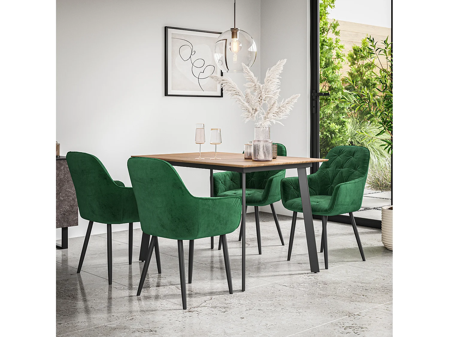Haydon Extending Dining Table And Chairs -  Oak Effect Table Top w Black Legs + Anika Velvet Dining Chair Set Of 6