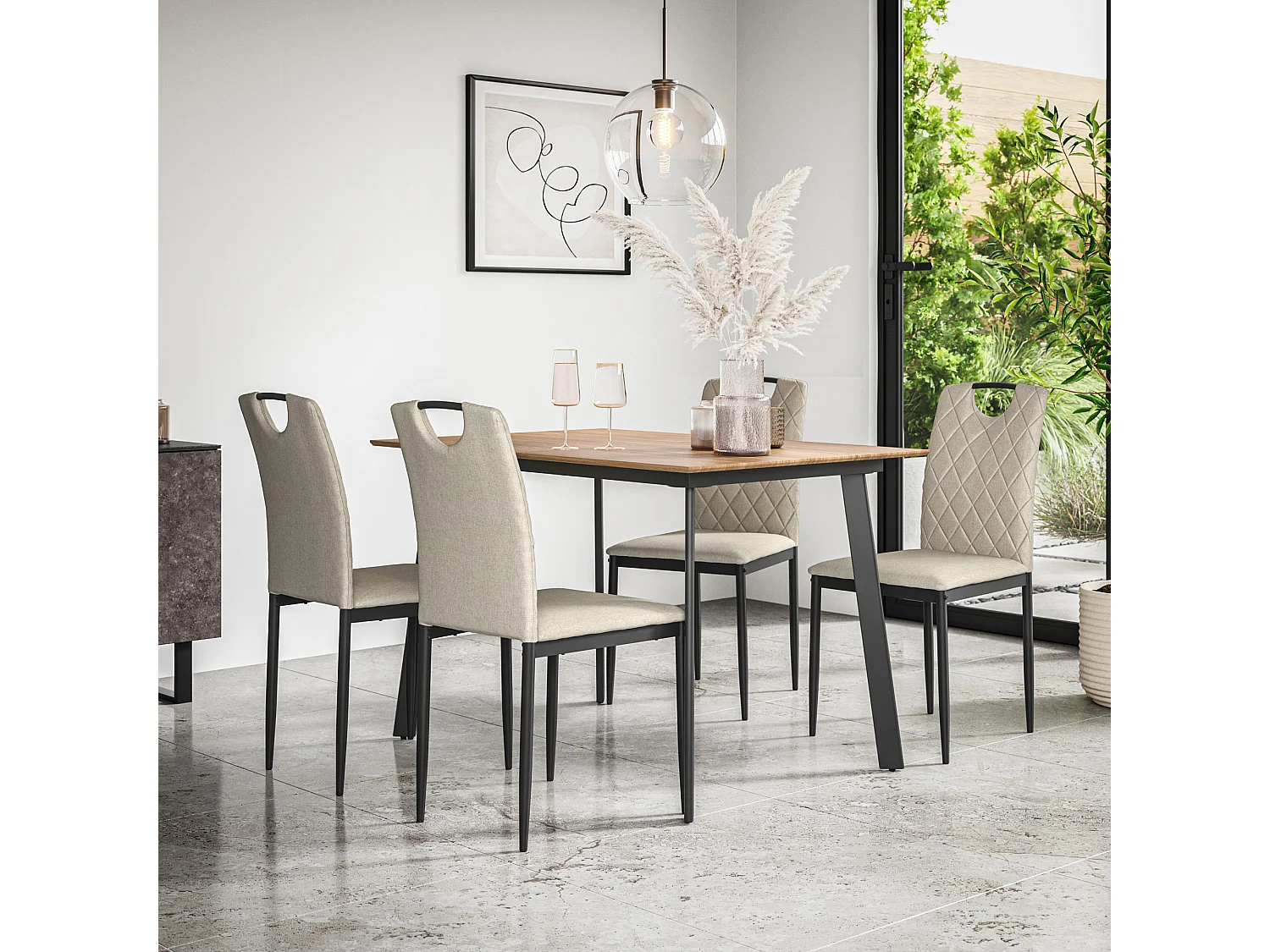 Haydon Extending Dining Table And Chairs -  Oak Effect Table Top w Black Legs + Monza Linen Dining Chair Set Of 6