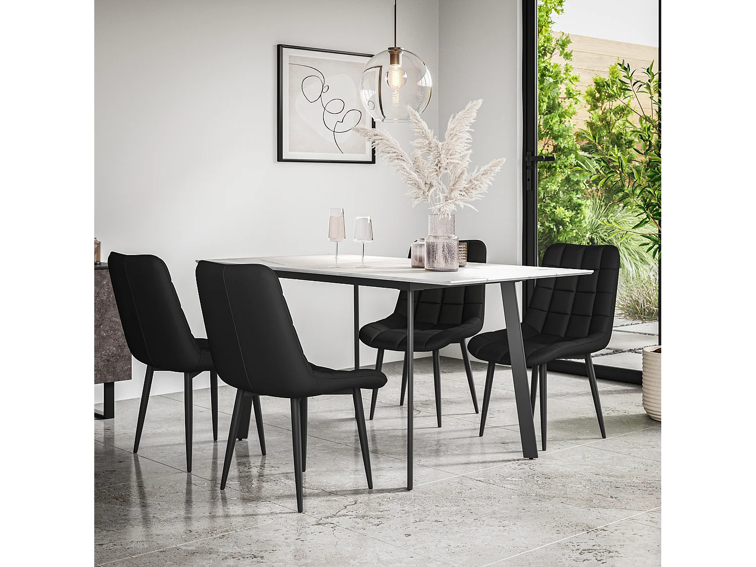 Haydon Extending Dining Table And Chairs- White Marble Effect Table Top w Black Legs + Nova Faux Leather  Dining Chair  Set Of 6