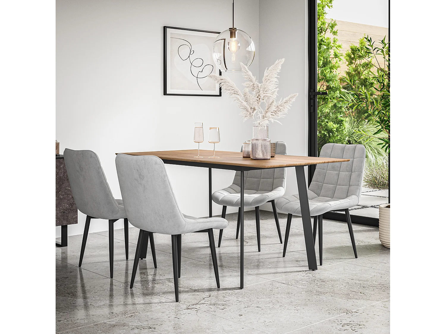 Haydon Extending Dining Table And Chairs- Oak Effect Table Top w Black Legs + Nova Velvet  Dining Chair  Set Of 4