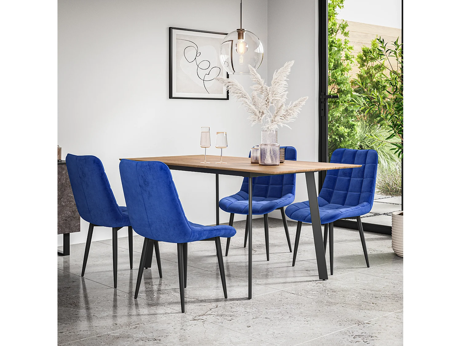 Haydon Extending Dining Table And Chairs- Oak Effect Table Top w Black Legs + Nova Velvet  Dining Chair  Set Of 6