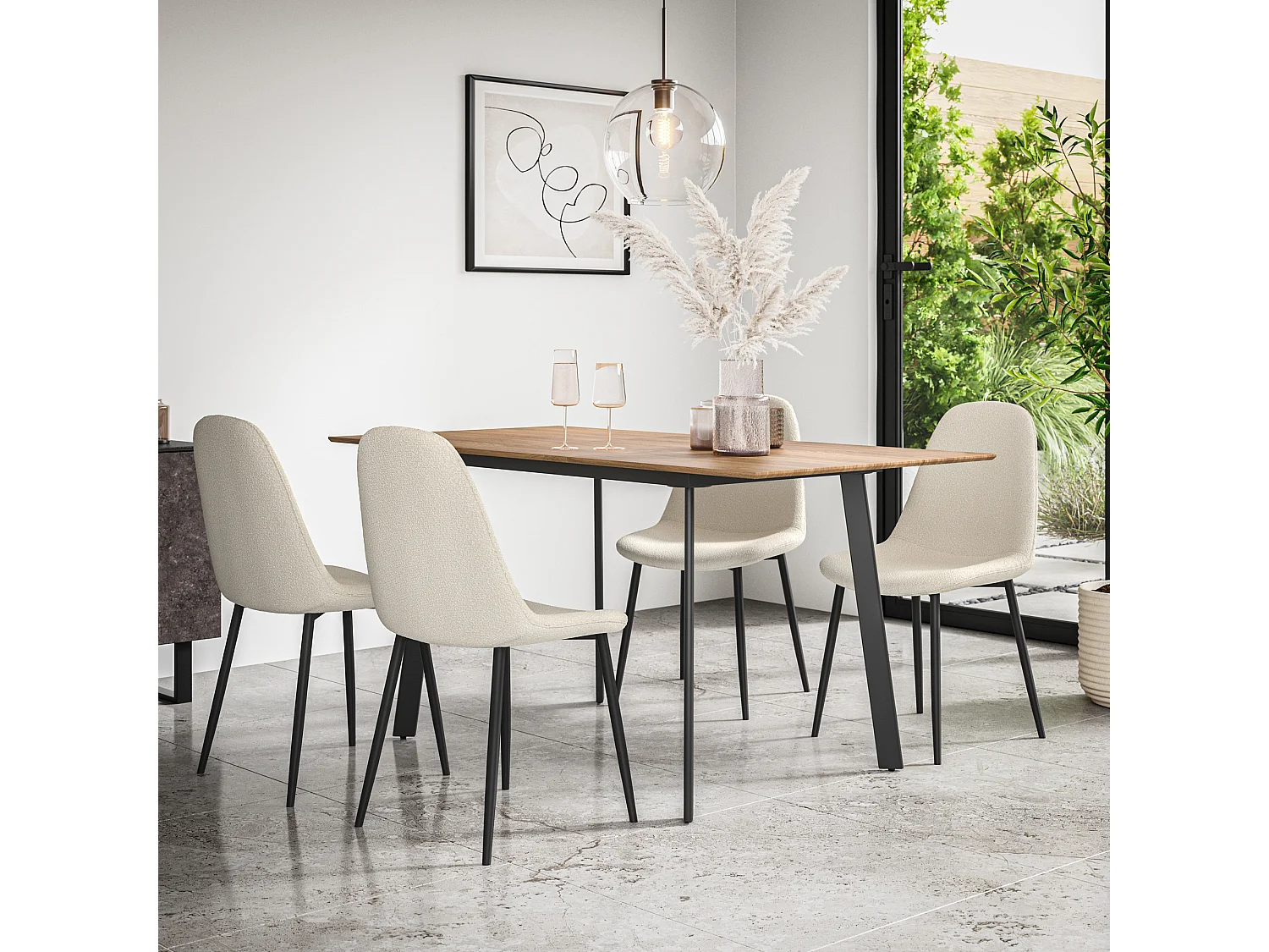 Haydon Extending Dining Table And Chairs - Oak Effect Table Top w Black Legs + Maya Boucle Dining Chair Set Of 4