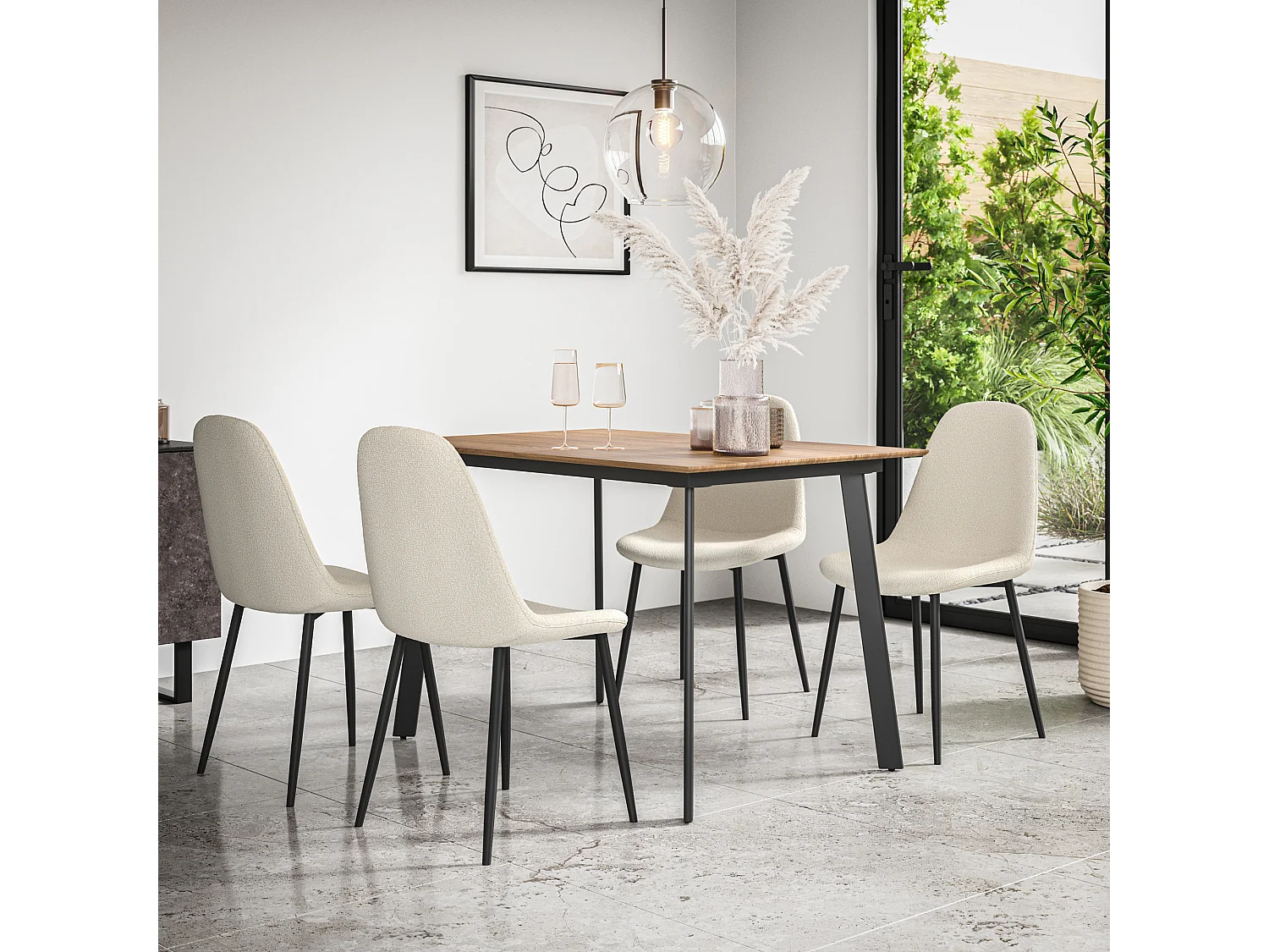 Haydon Extending Dining Table And Chairs - Oak Effect Table Top w Black Legs + Maya Boucle Dining Chair Set Of 4