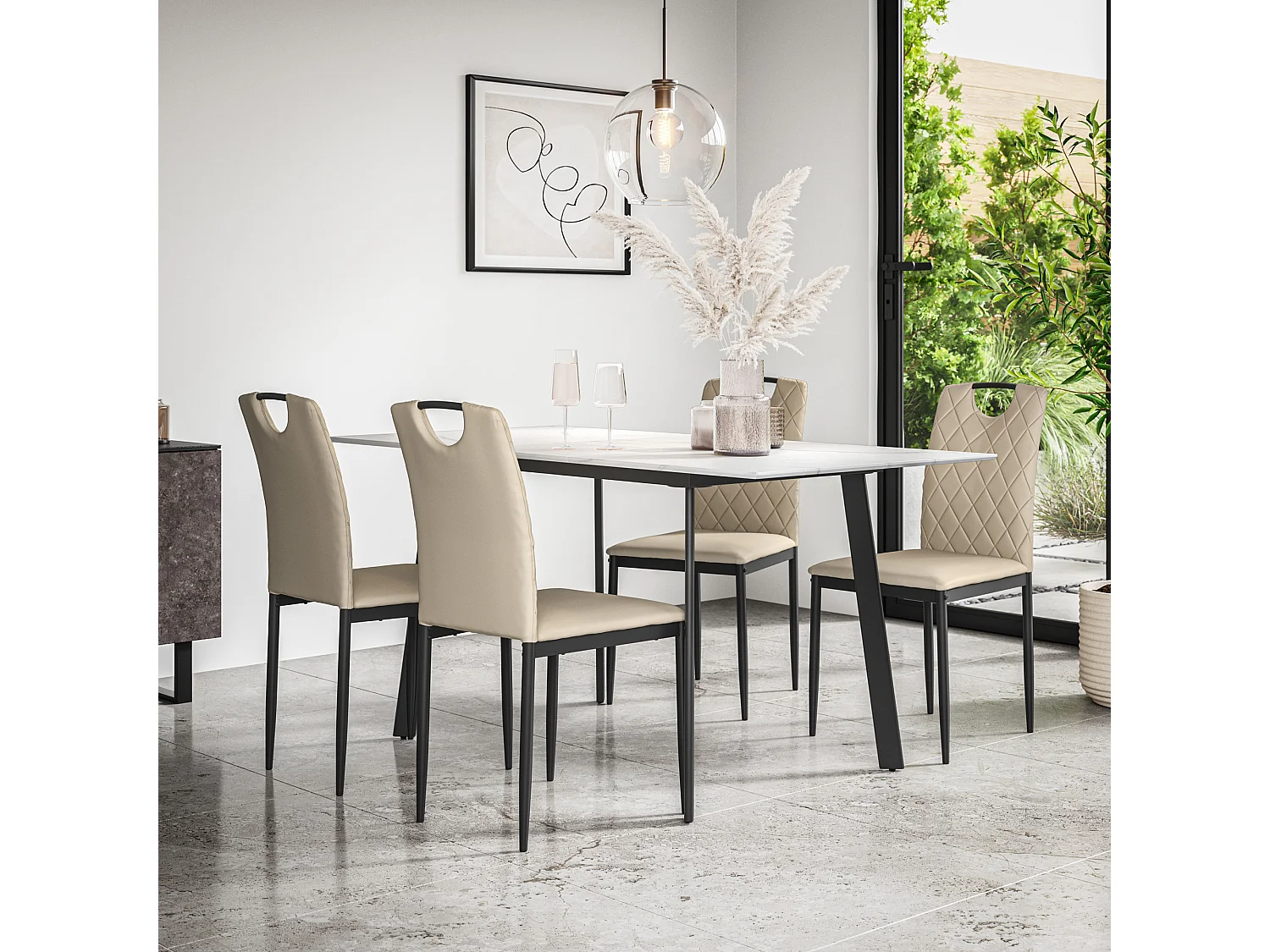 Haydon Extending Dining Table And Chairs- White Marble Effect Table Top w Black Legs + Monza Faux Leather Dining Chair Set Of 6