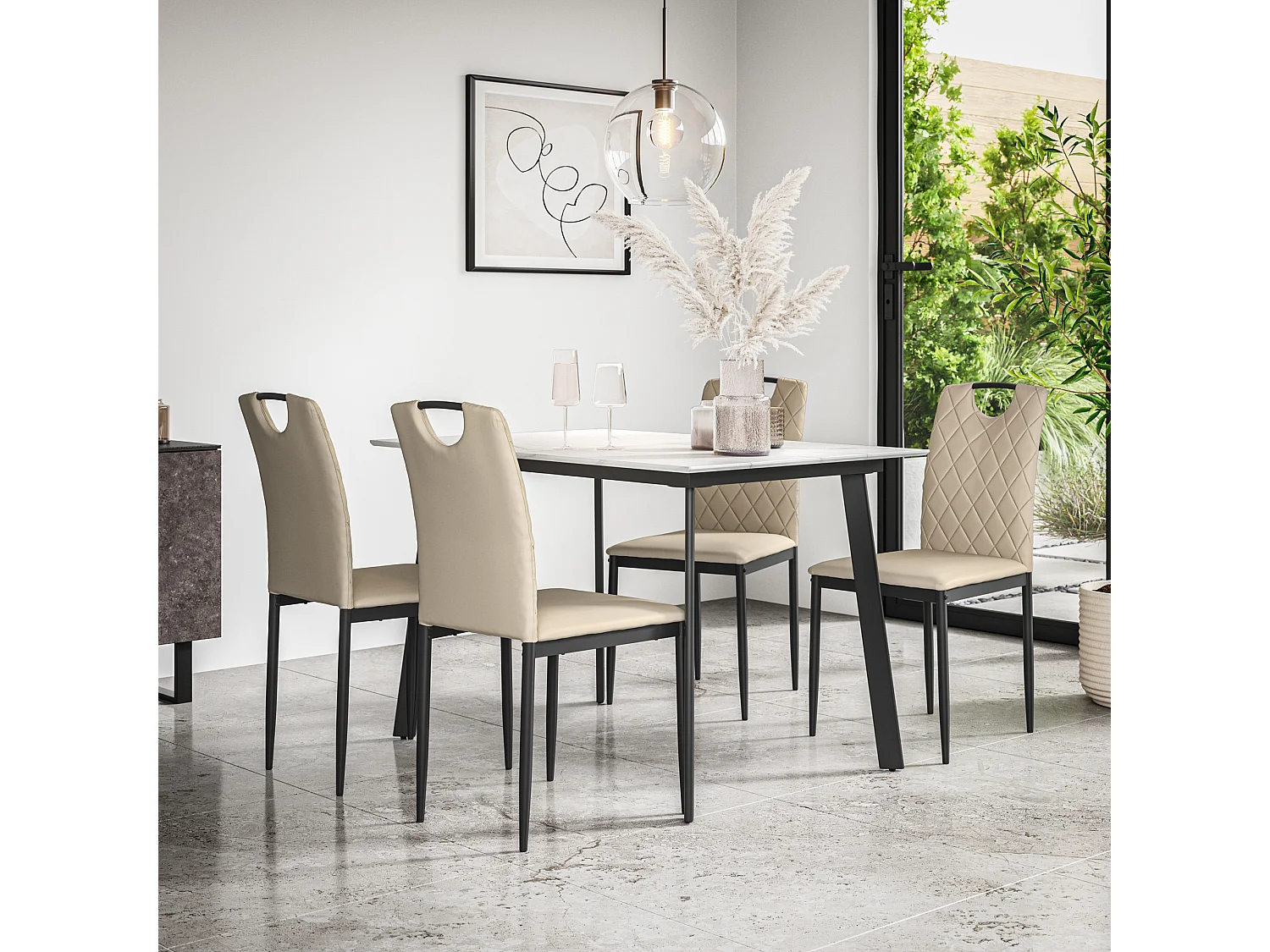 Haydon Extending Dining Table And Chairs- White Marble Effect Table Top w Black Legs + Monza Faux Leather Dining Chair Set Of 6