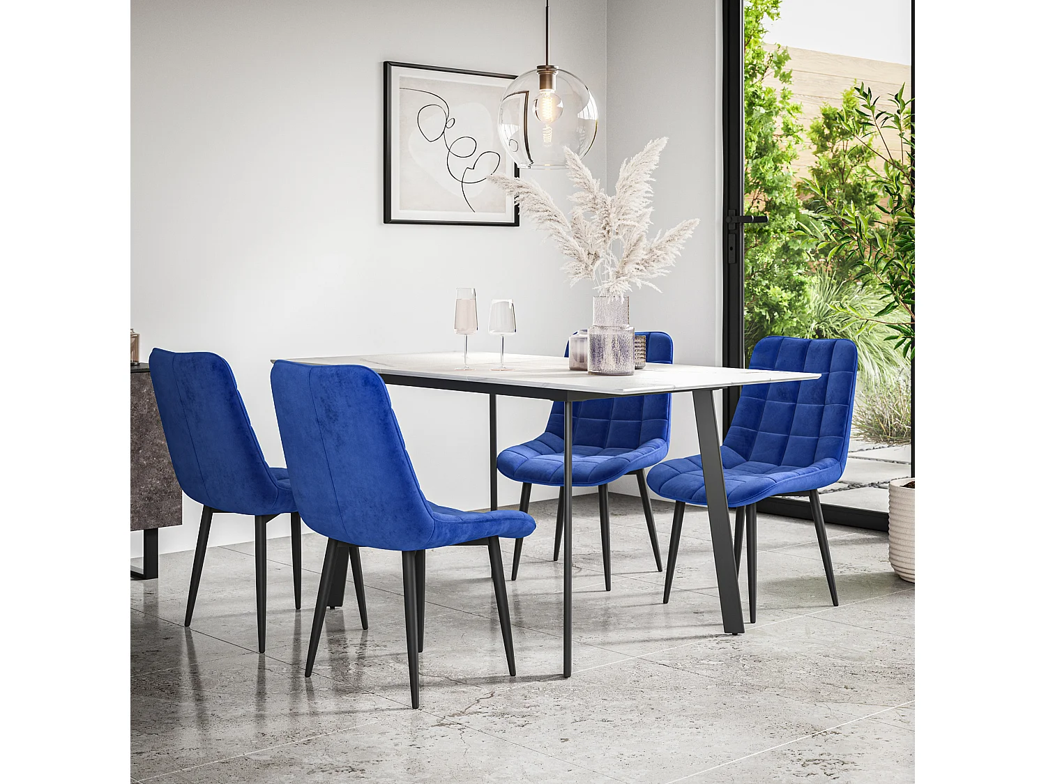 Haydon Extending Dining Table And Chairs- White Marble Effect Table Top w Black Legs + Nova Velvet  Dining Chair  Set Of 6