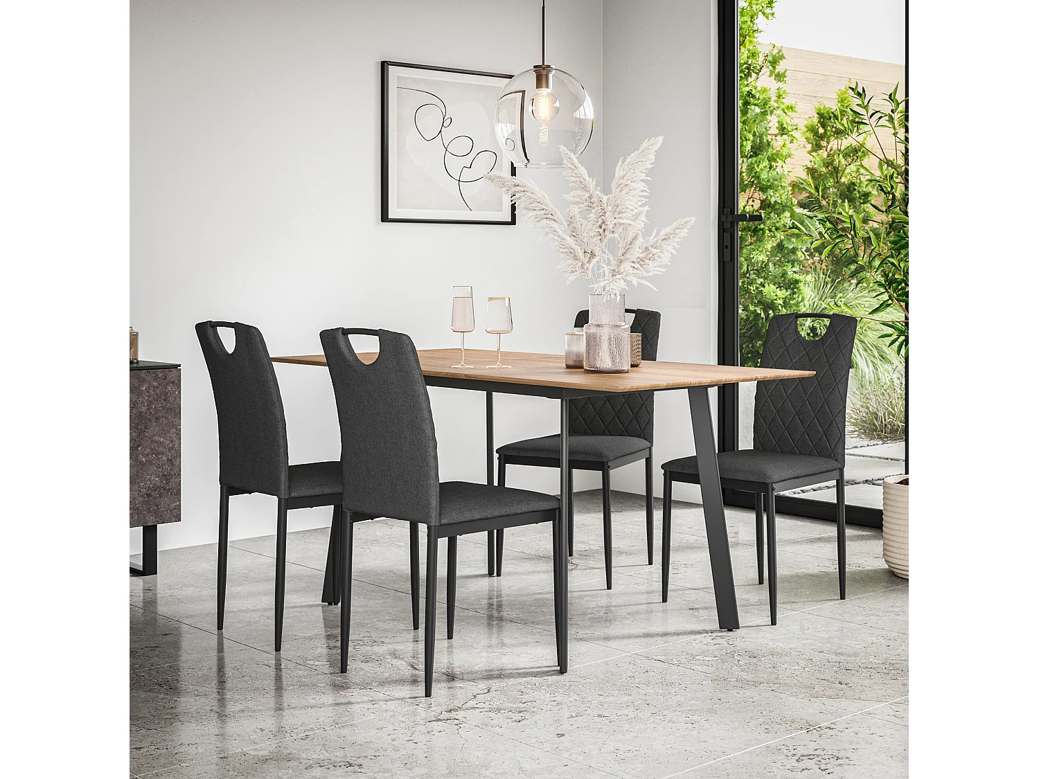 Haydon Extending Dining Table And Chairs -  Oak Effect Table Top w Black Legs + Monza Linen Dining Chair Set Of 4