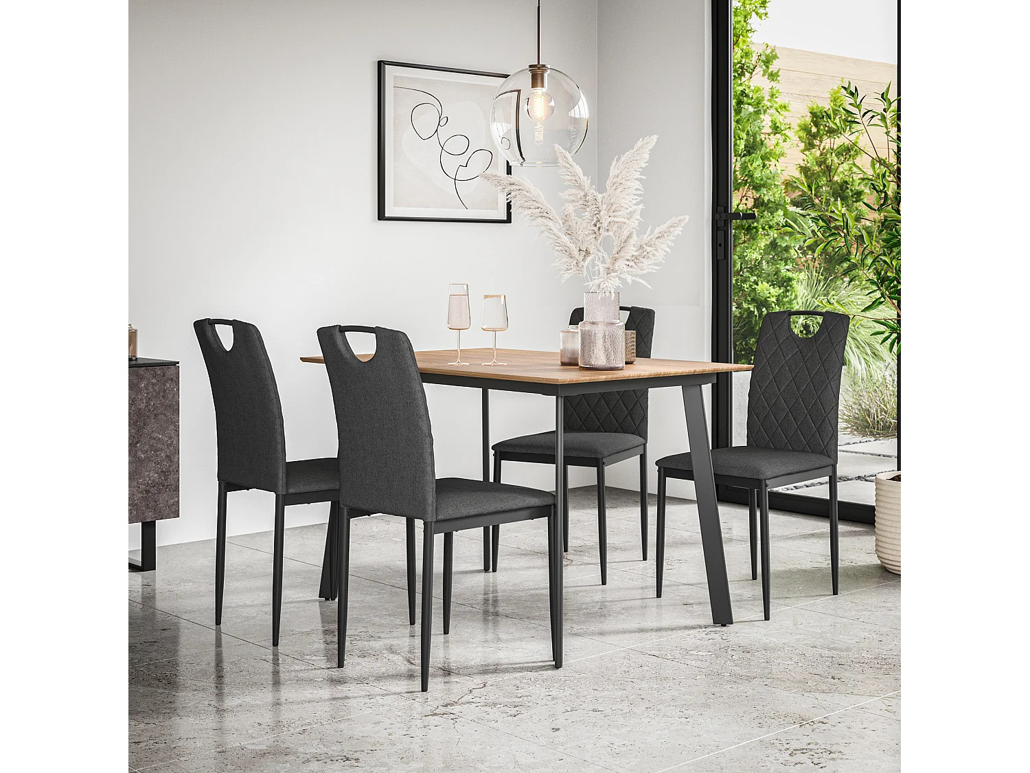 Haydon Extending Dining Table And Chairs -  Oak Effect Table Top w Black Legs + Monza Linen Dining Chair Set Of 4