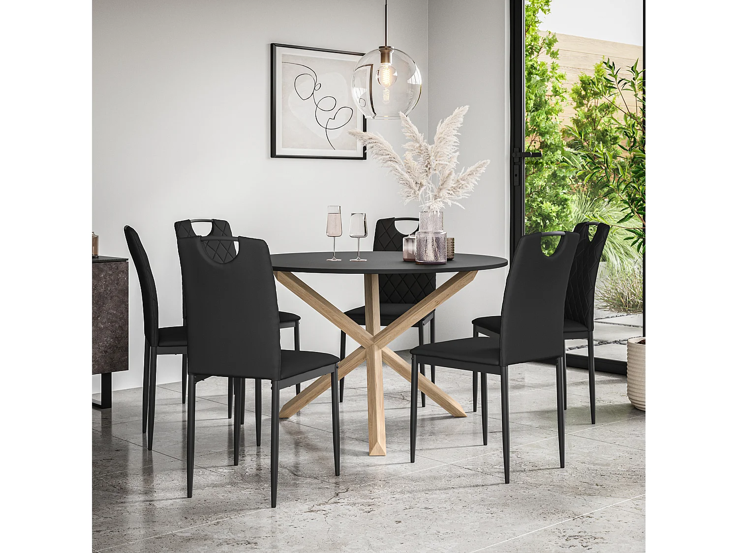 Malvern Round Dining Table And Chairs -  Black Table Top w Solid Oak Legs + Monza Faux Leather Dining Chair Set Of 6