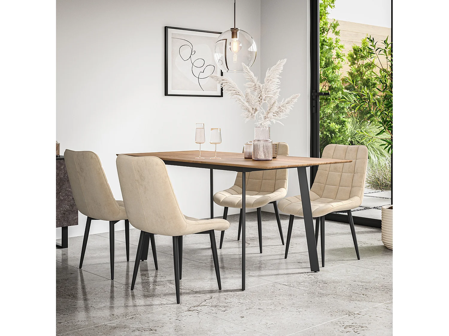 Haydon Extending Dining Table And Chairs- Oak Effect Table Top w Black Legs + Nova Velvet  Dining Chair  Set Of 4
