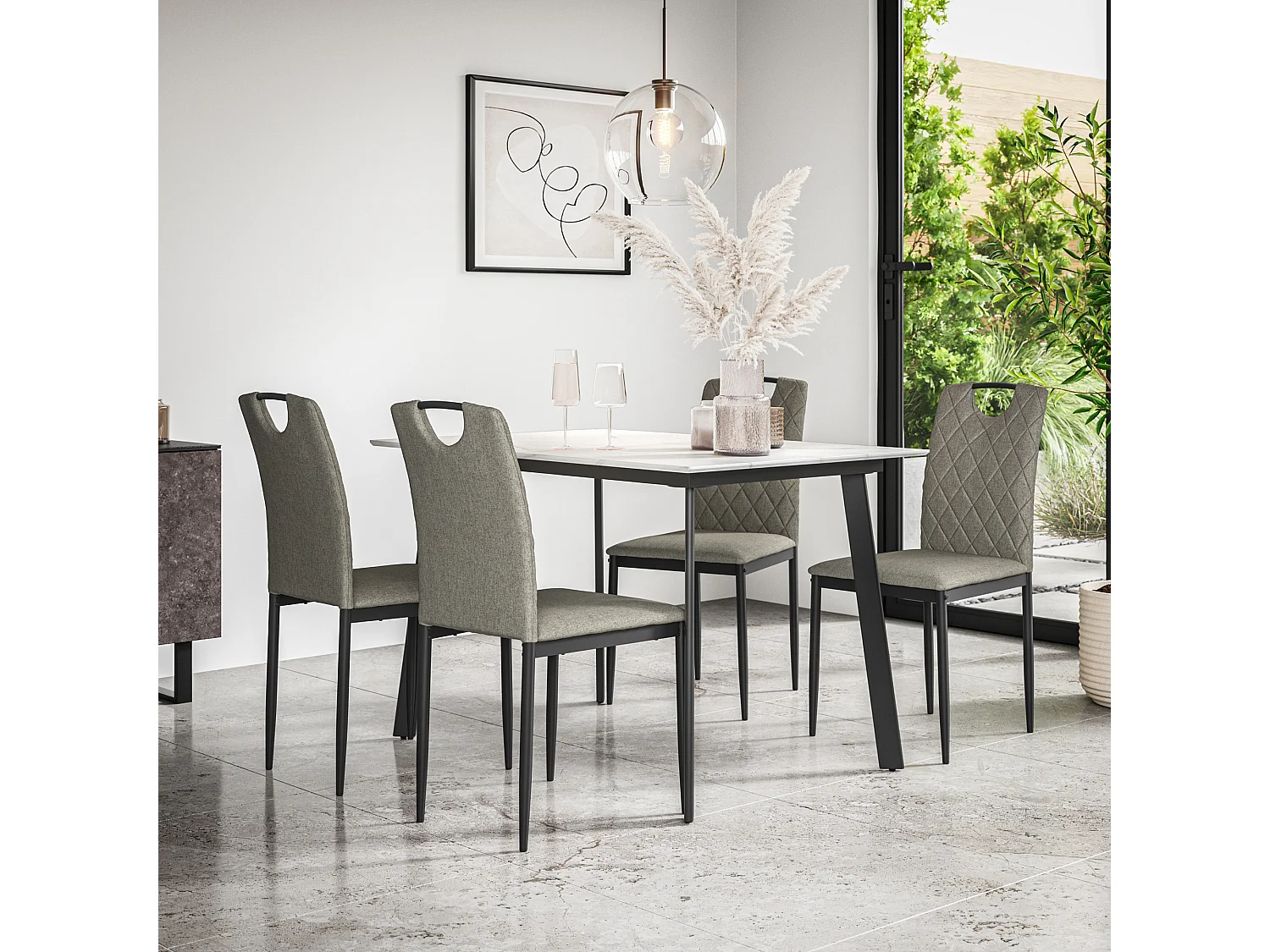Haydon Extending Dining Table And Chairs- White Marble Effect Table Top w Black Legs + Monza Linen Dining Chair Set Of 4