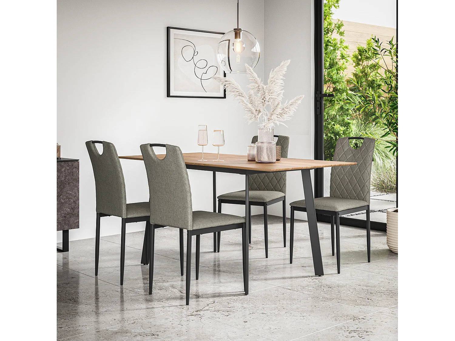 Haydon Extending Dining Table And Chairs -  Oak Effect Table Top w Black Legs + Monza Linen Dining Chair Set Of 6