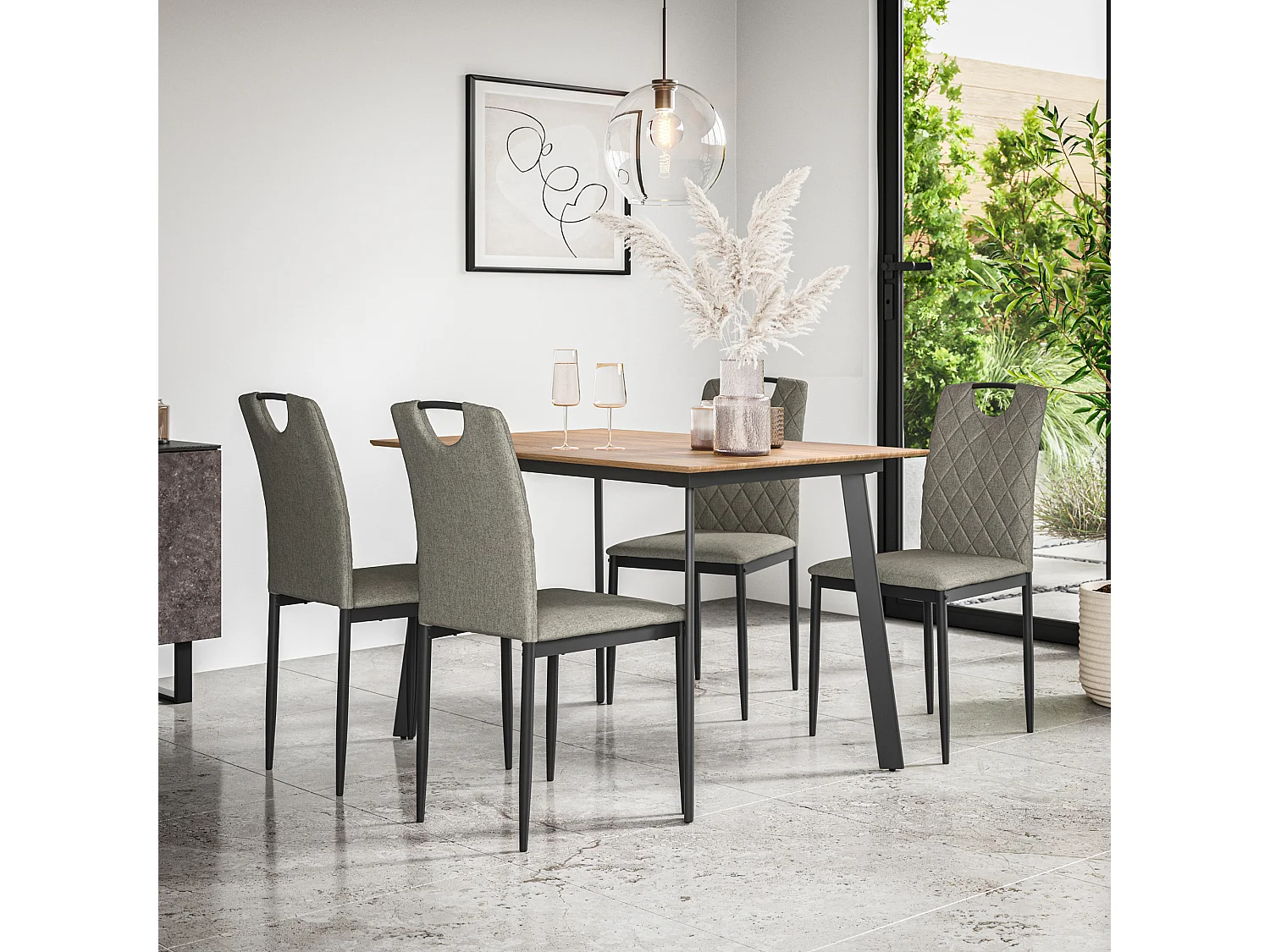 Haydon Extending Dining Table And Chairs -  Oak Effect Table Top w Black Legs + Monza Linen Dining Chair Set Of 6