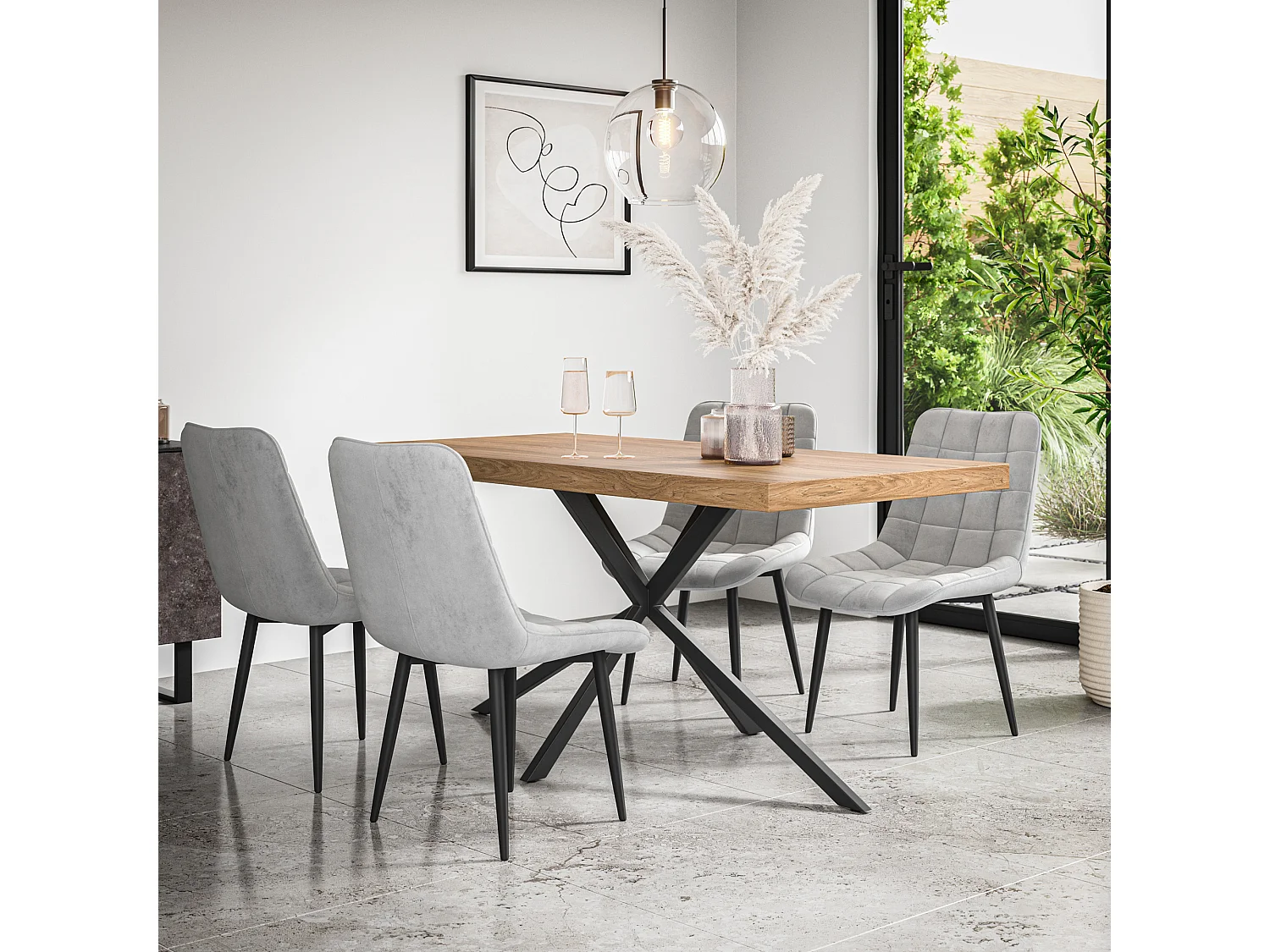 Donni Dining Table And Chairs -  Oak Effect Table Top w Black Legs + Nova Velvet Dining Chair Set Of 6