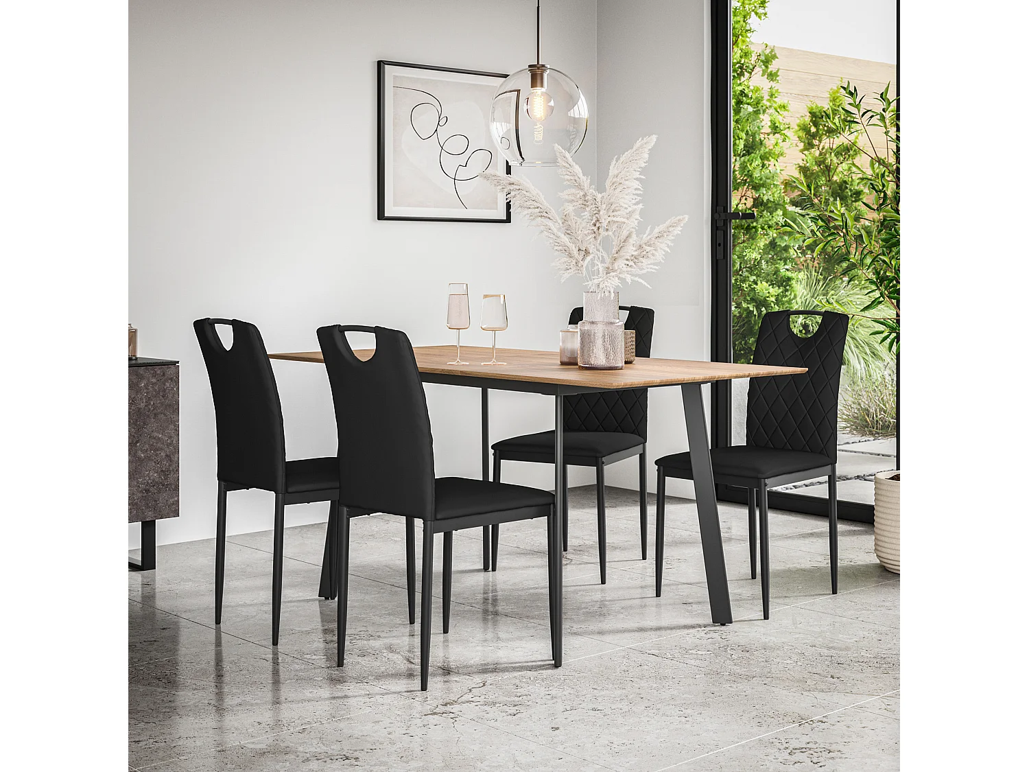 Haydon Extending Dining Table And Chairs -  Oak Effect Table Top w Black Legs + Monza Faux Leather Dining Chair Set Of 4