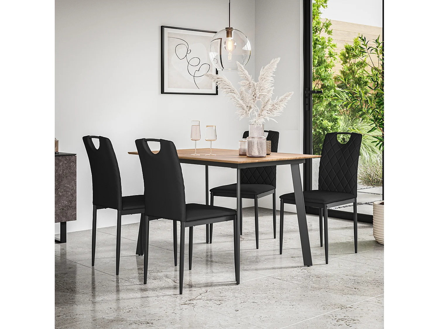 Haydon Extending Dining Table And Chairs -  Oak Effect Table Top w Black Legs + Monza Faux Leather Dining Chair Set Of 4