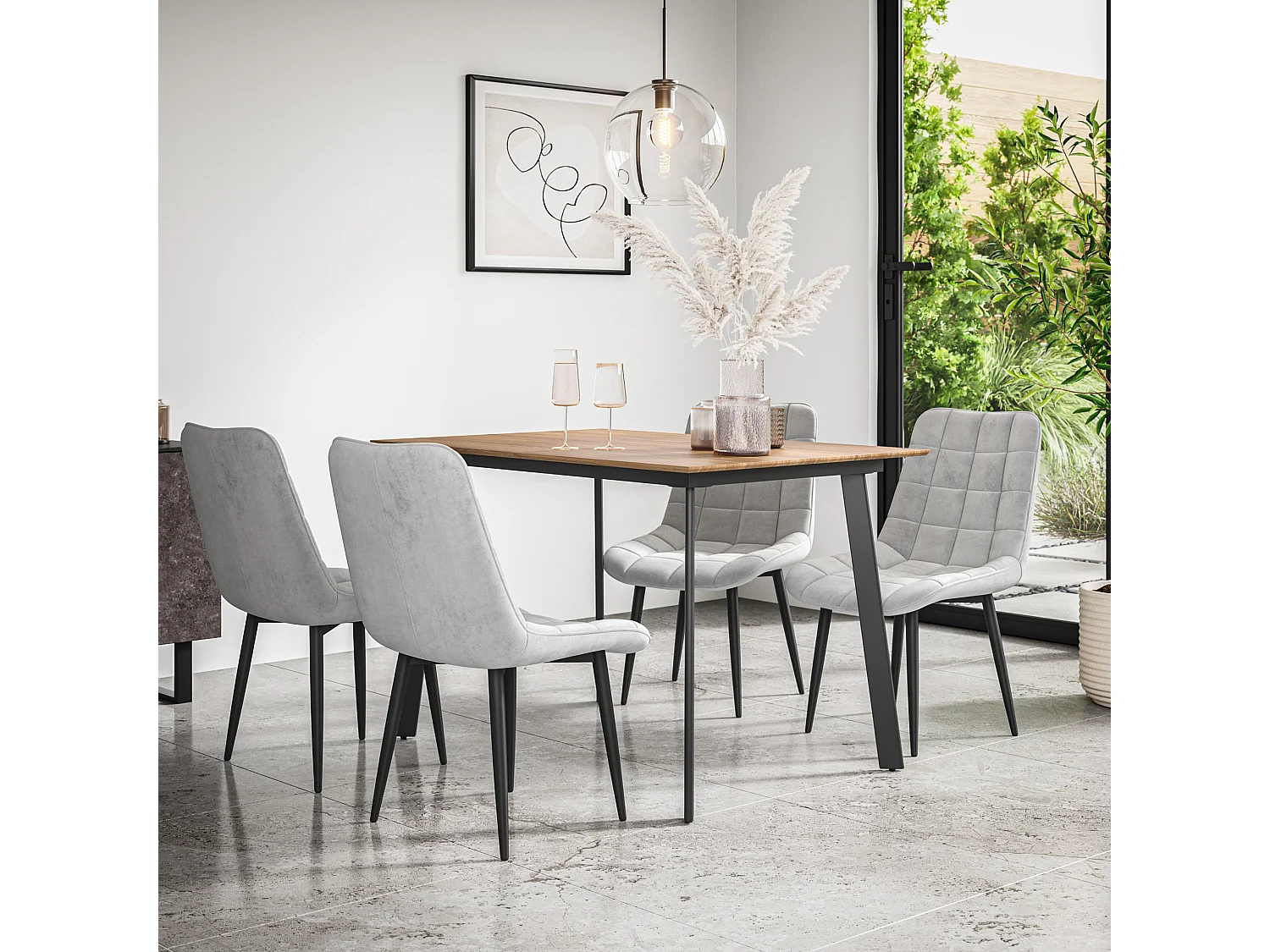 Haydon Extending Dining Table And Chairs- Oak Effect Table Top w Black Legs + Nova Velvet  Dining Chair  Set Of 6