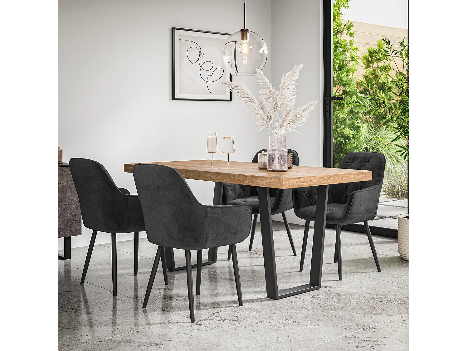 Aria Dining Table And Chairs -  Oak Effect Table Top w Black Legs + Anika Velvet Dining Chair Set Of 6