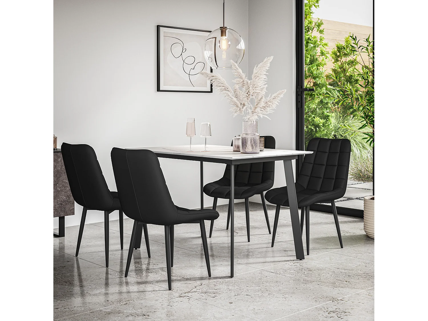 Haydon Extending Dining Table And Chairs- White Marble Effect Table Top w Black Legs + Nova Faux Leather  Dining Chair  Set Of 4