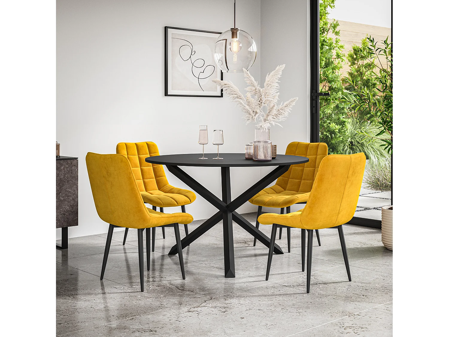 Malvern Round Dining Table And Chairs -  Black Table Top w Solid Oak Black Legs + Nova Velvet Dining Chair Set Of 4