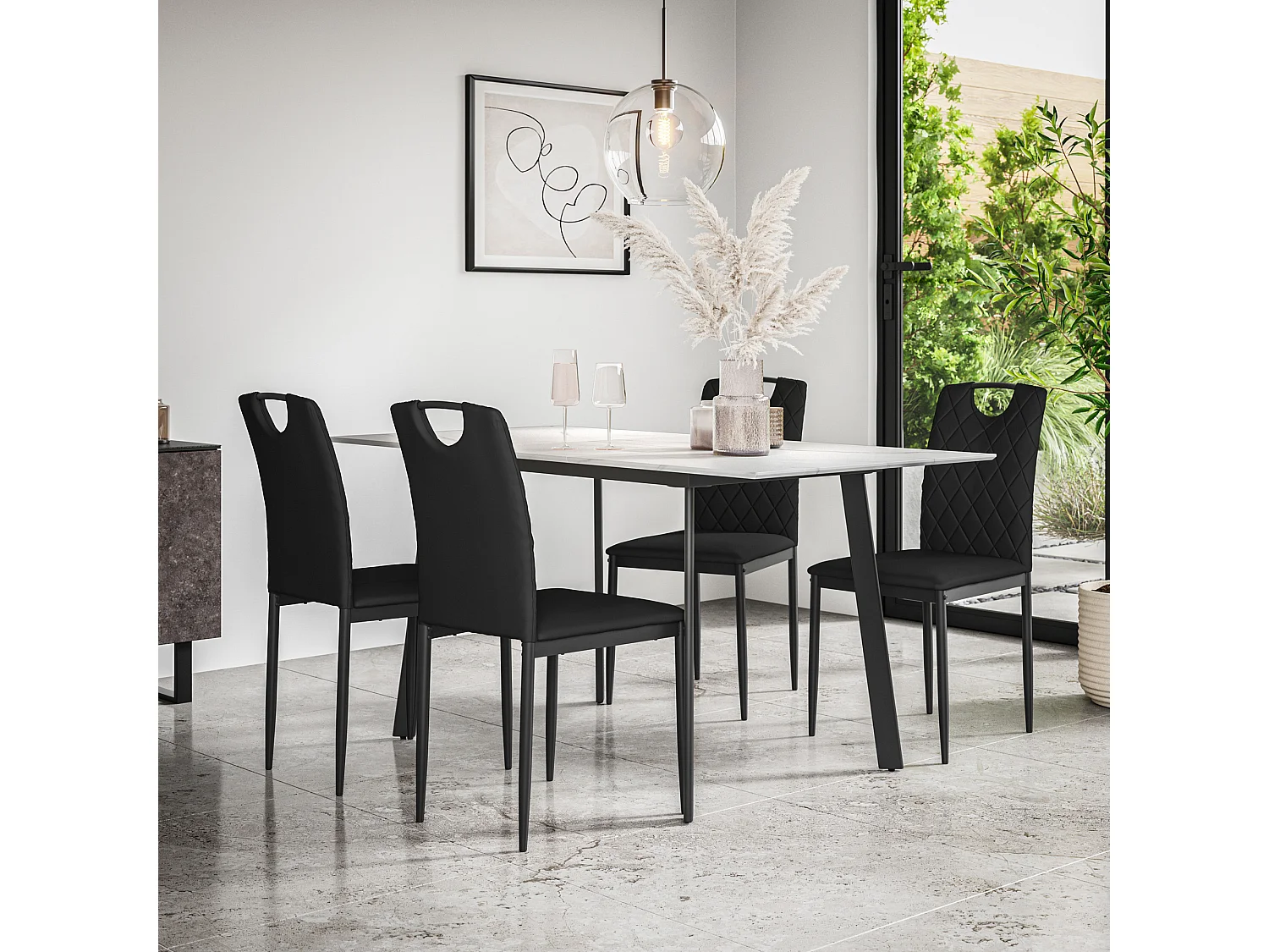 Haydon Extending Dining Table And Chairs- White Marble Effect Table Top w Black Legs + Monza Faux Leather Dining Chair Set Of 6