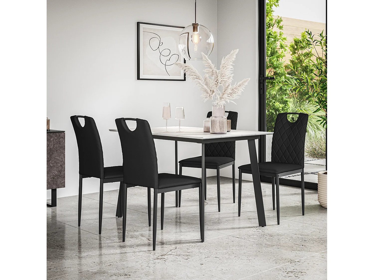 Haydon Extending Dining Table And Chairs- White Marble Effect Table Top w Black Legs + Monza Faux Leather Dining Chair Set Of 6