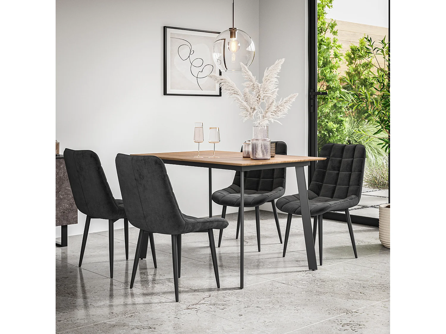 Haydon Extending Dining Table And Chairs- Oak Effect Table Top w Black Legs + Nova Velvet  Dining Chair Set Of 4